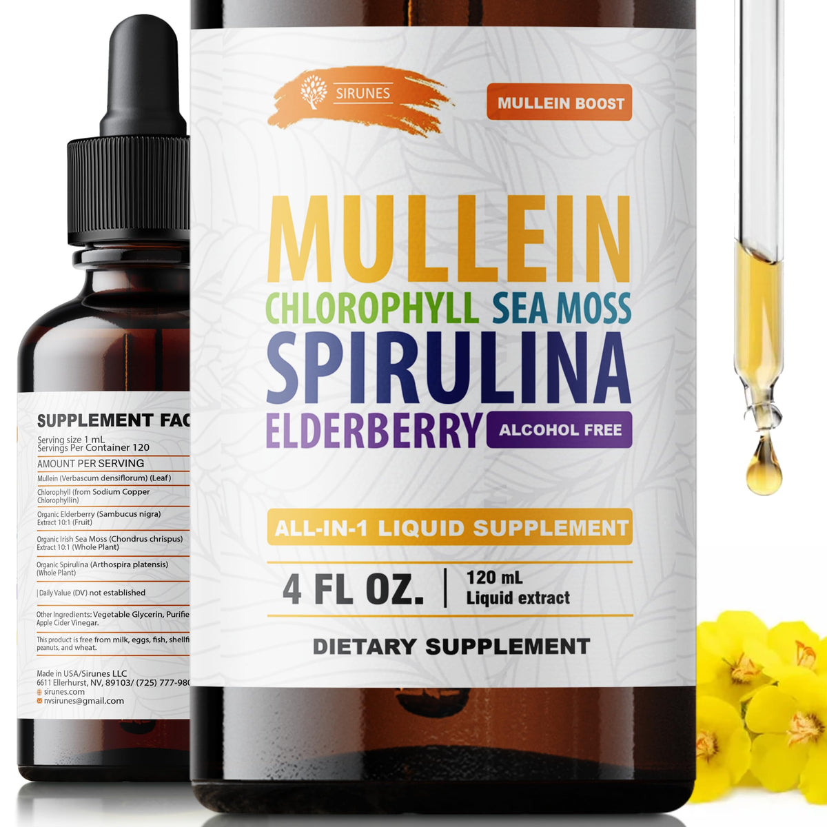SIRUNES botella frontal de gotas mullein, presentación clara y cómoda