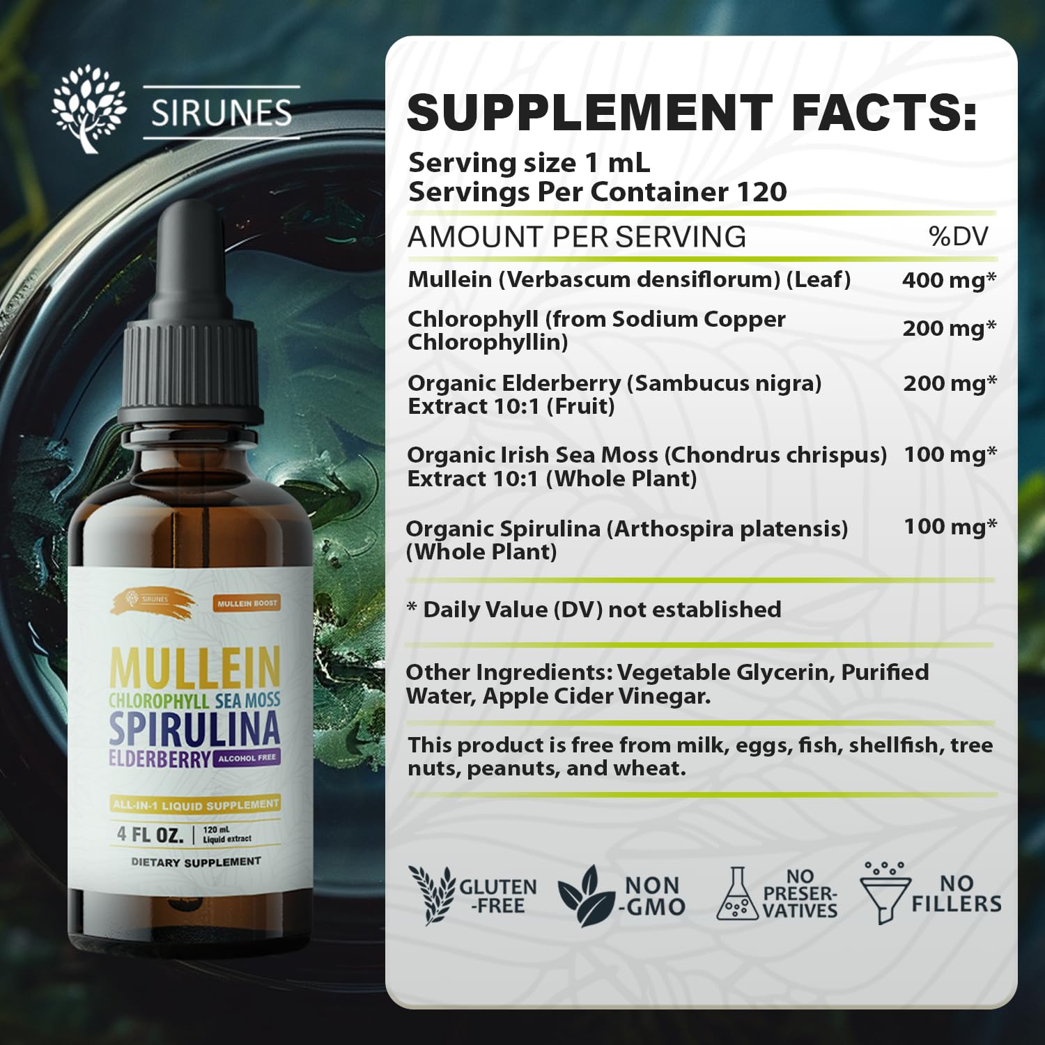 SIRUNES ingredientes spirulina, sea moss y elderberry en primer plano
