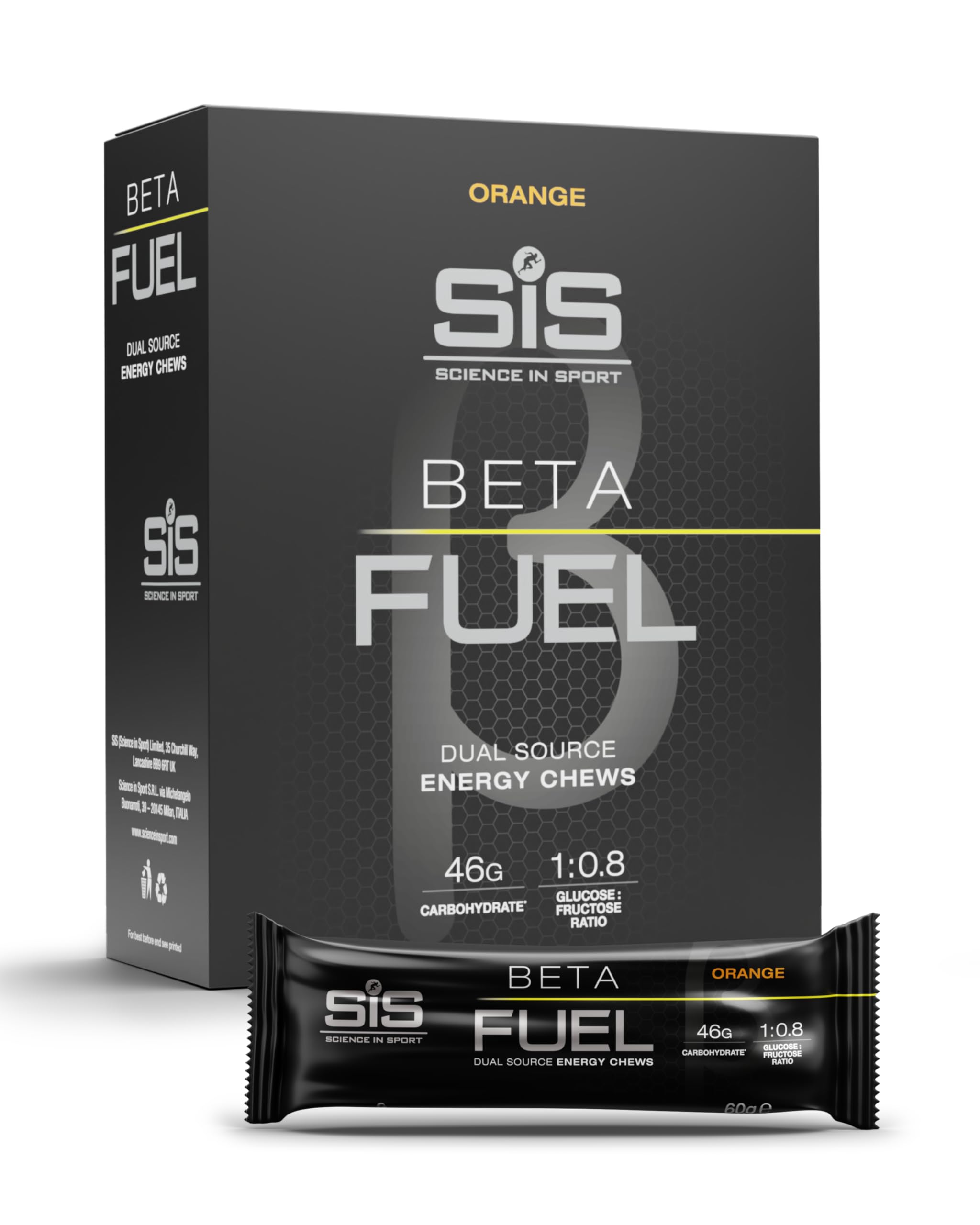 Science in Sport paquete frontal naranja mostrando chews y beneficios