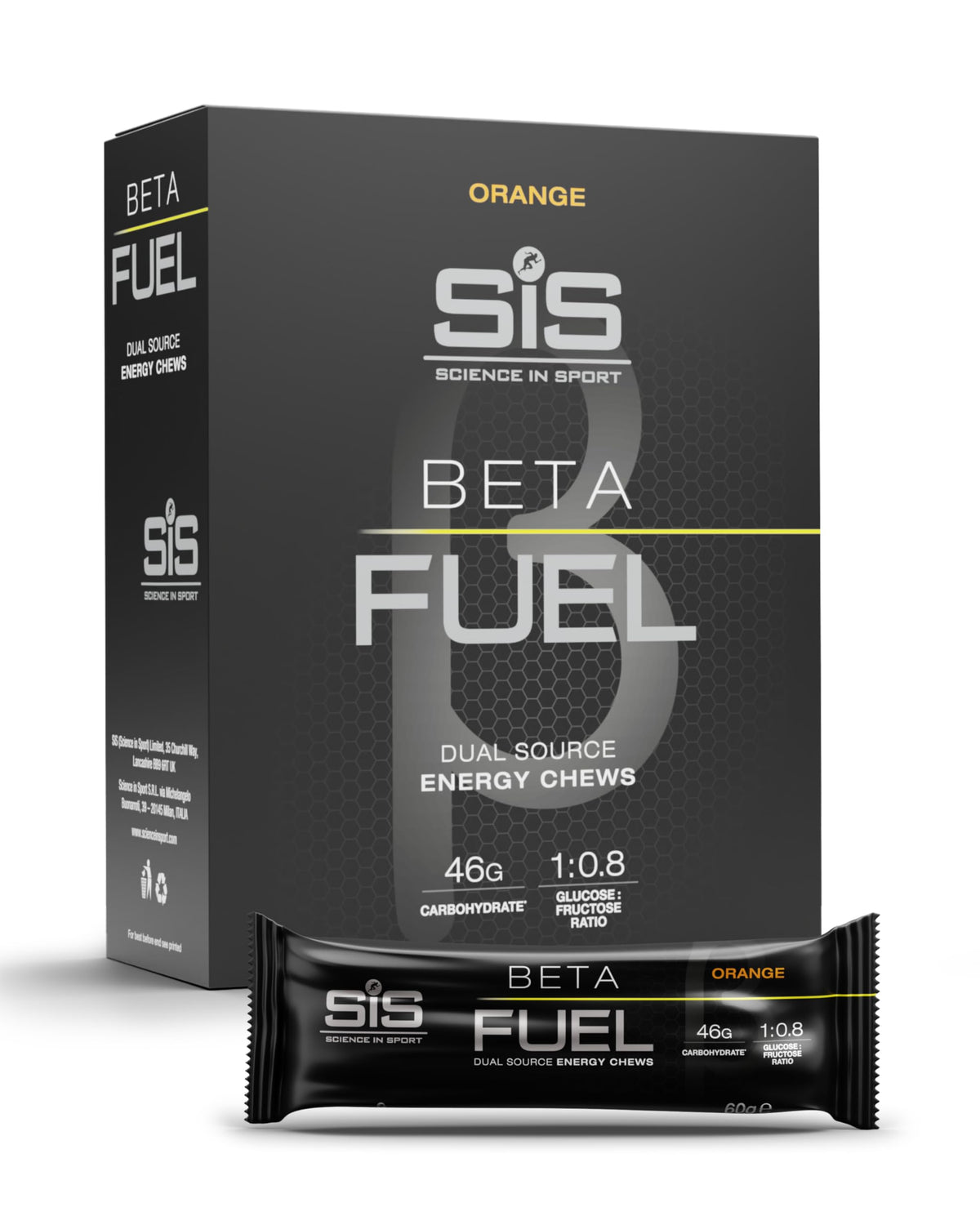Science in Sport paquete frontal naranja mostrando chews y beneficios
