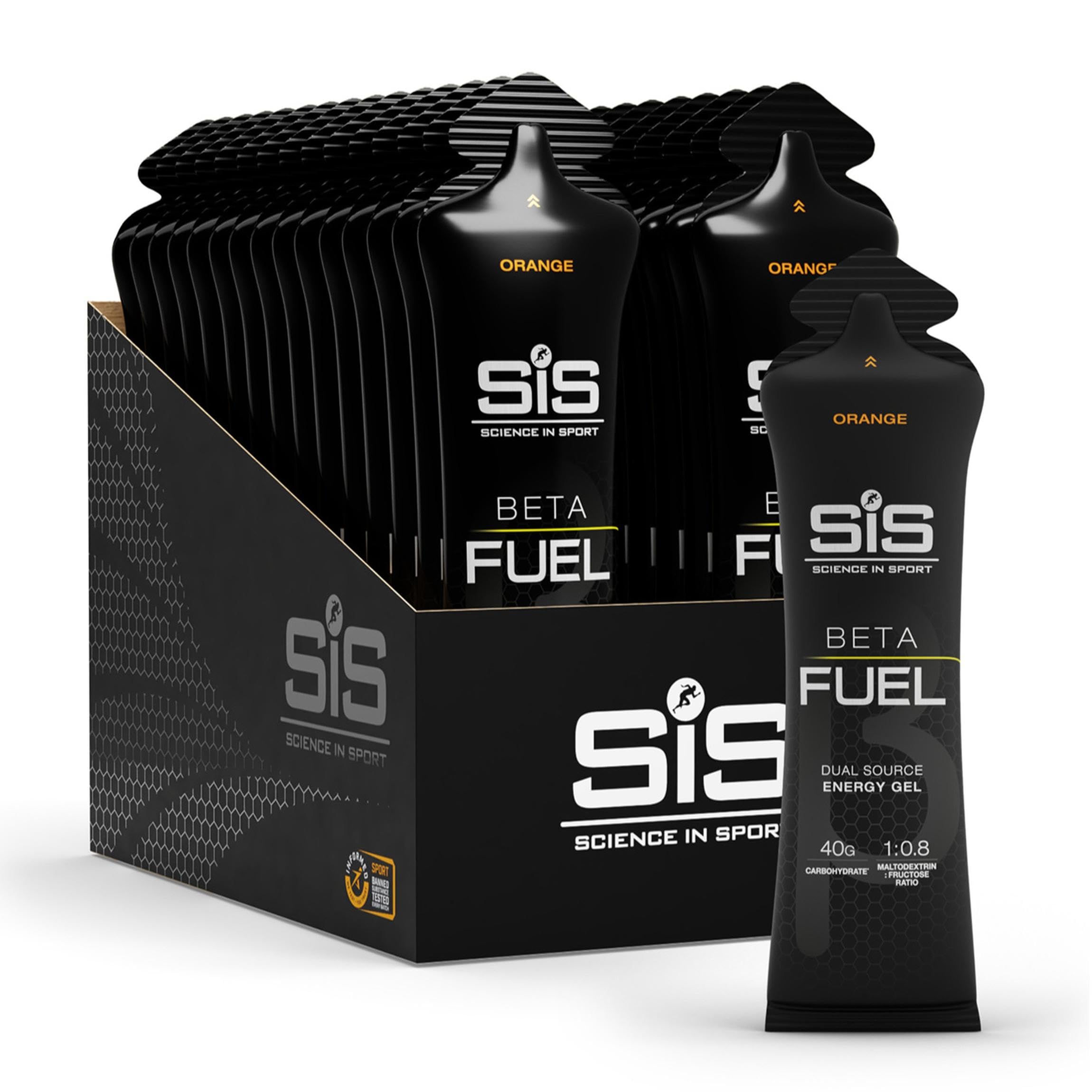 Science in Sport gel BETA frontal con sabor naranja, energía portátil rápida