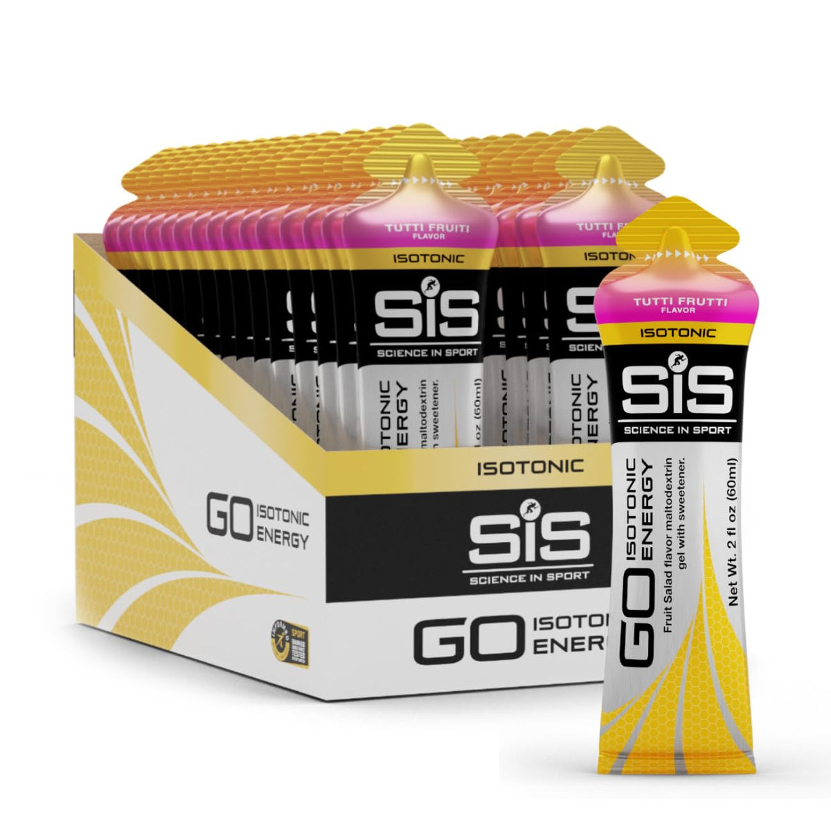 Science in Sport empaque frontal del gel isotónico mostrando diseño y conveniencia