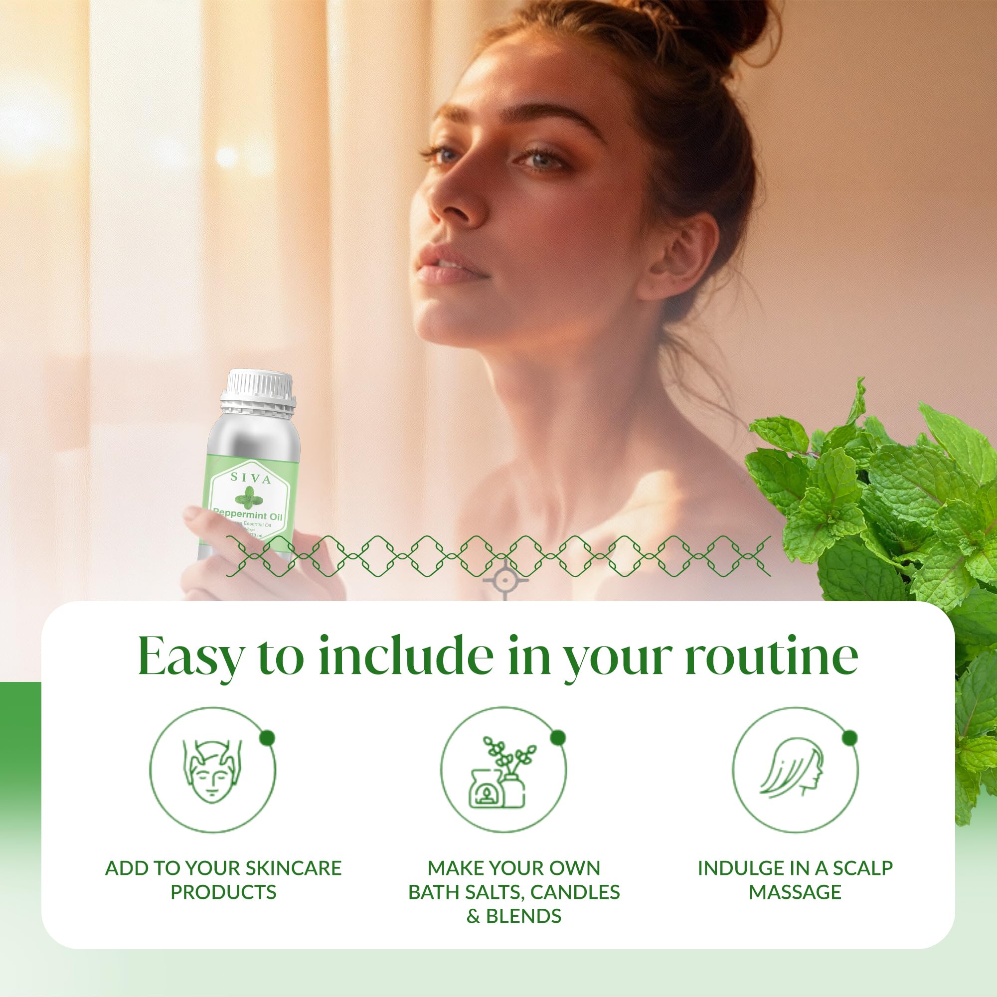 SIVA ORGANICS primer plano de rótulo y gotero mostrando instrucciones, beneficio: dosificación precisa