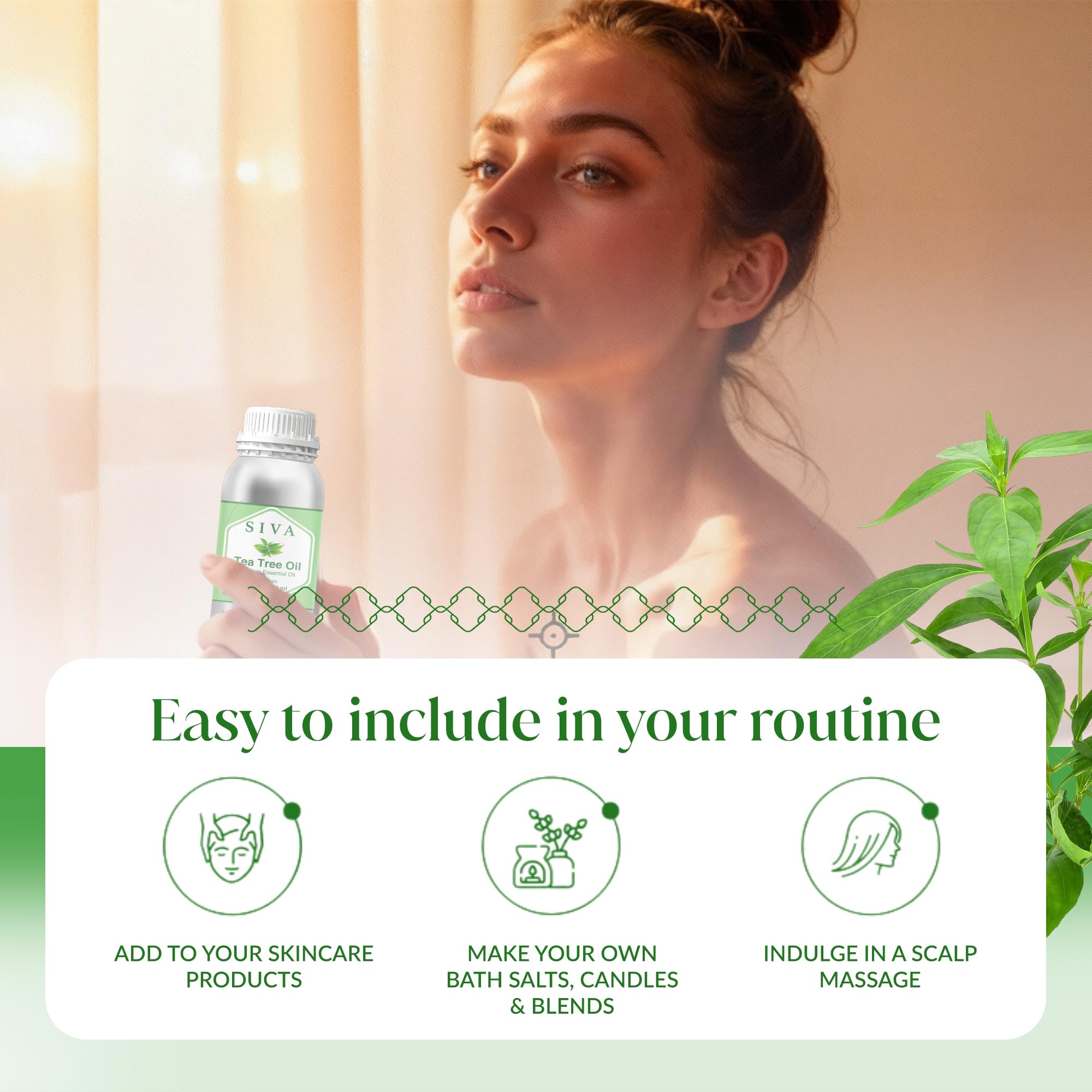 Siva Tea Tree junto a objetos para mostrar escala y volumen