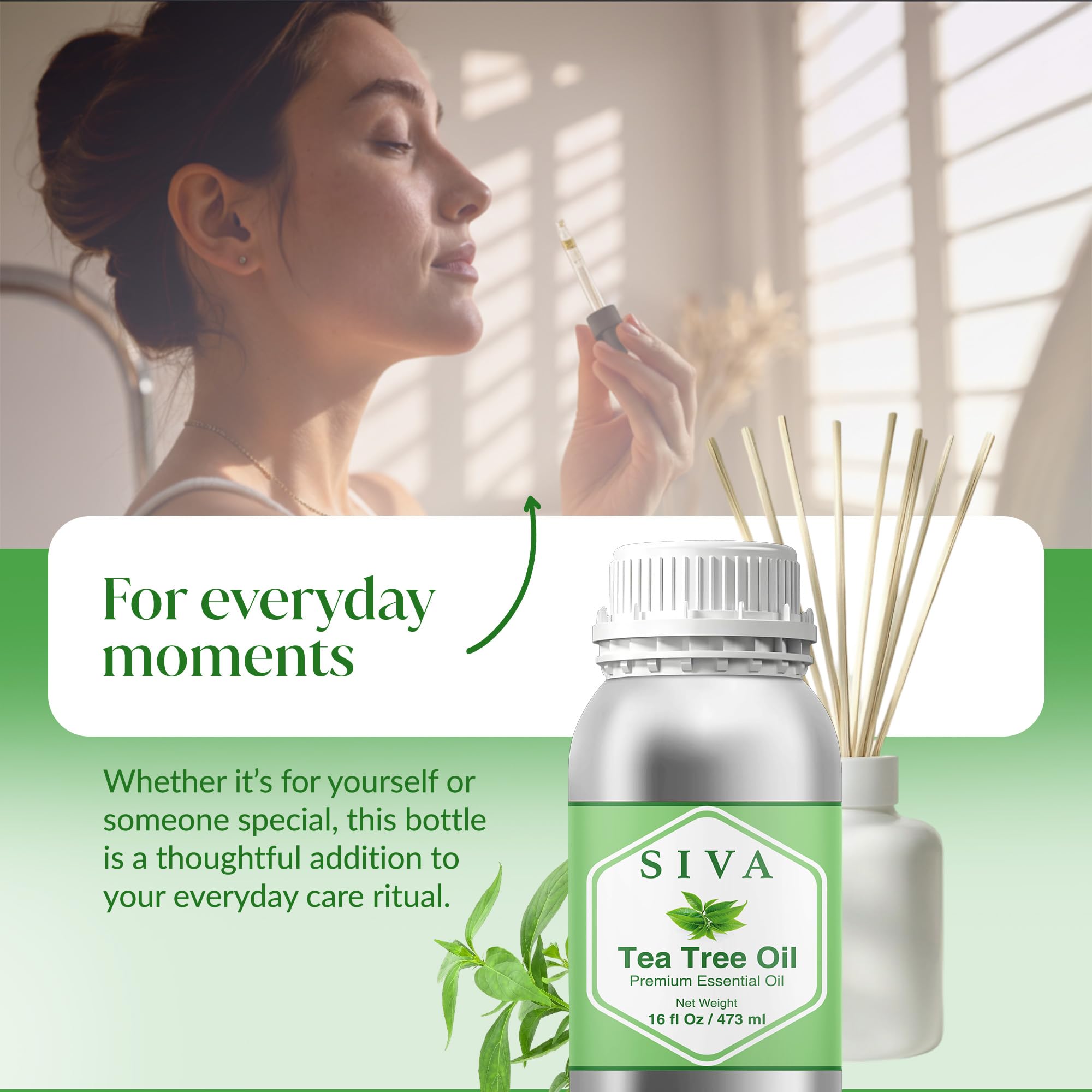 Siva Tea Tree en ambiente de baño mostrando uso cotidiano relajante