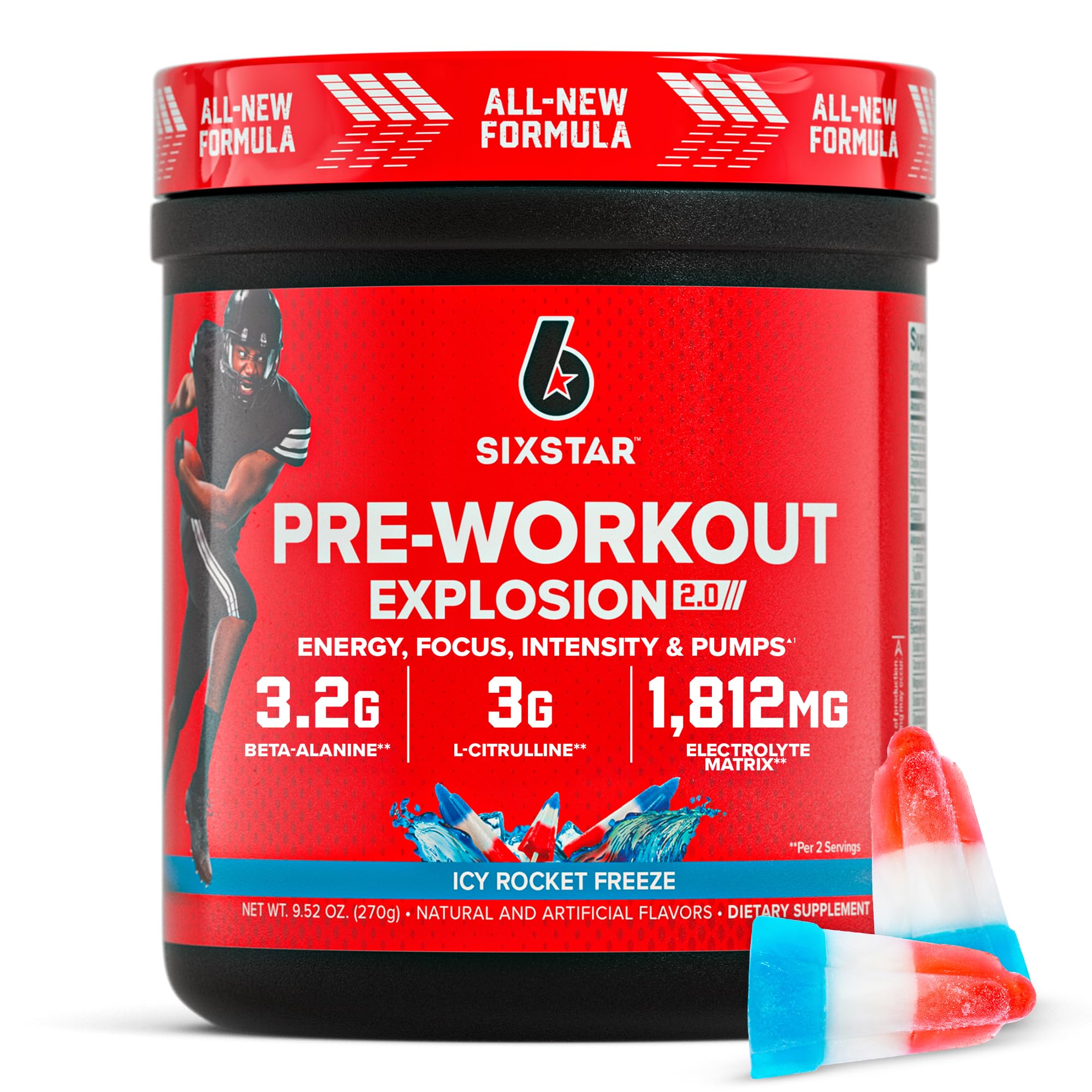 Six Star envase frontal Icy Rocket Freeze mostrando beneficio energía inmediata