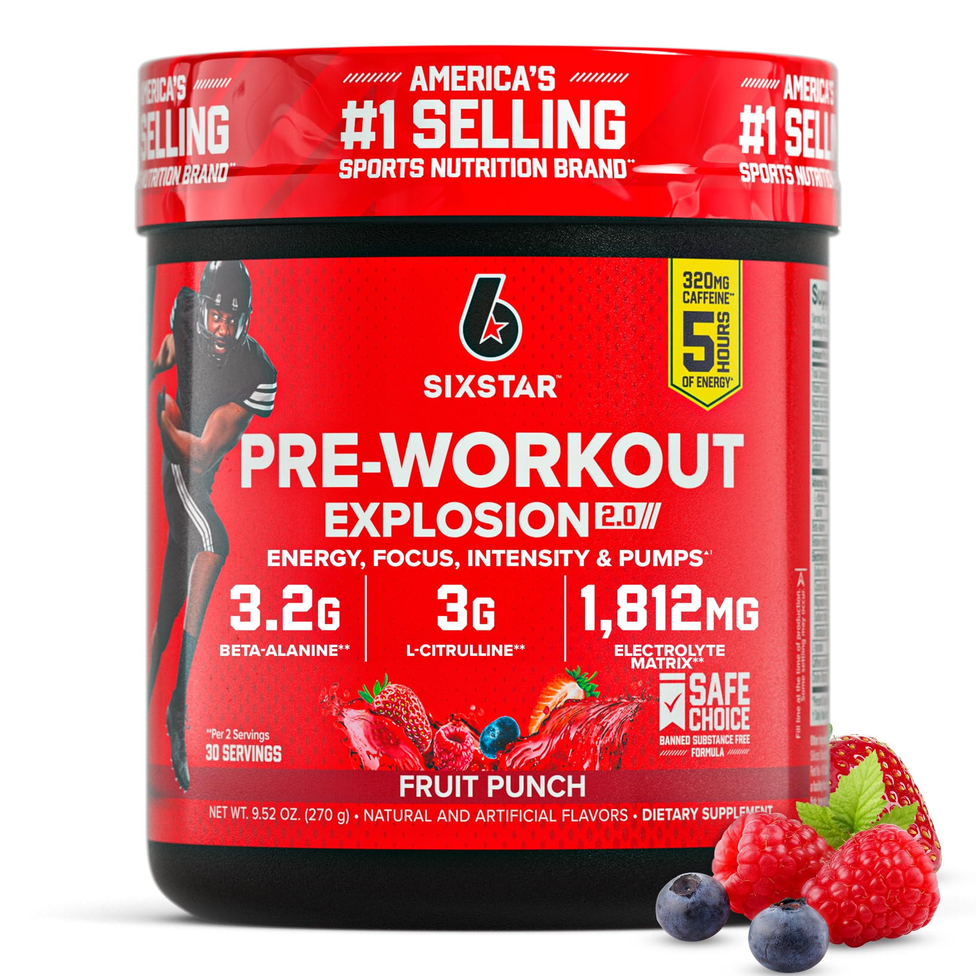 Six Star envase frontal Fruit Punch mostrando 30 servicios y beneficio de energía