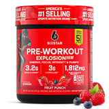 Six Star envase frontal Fruit Punch mostrando 30 servicios y beneficio de energía