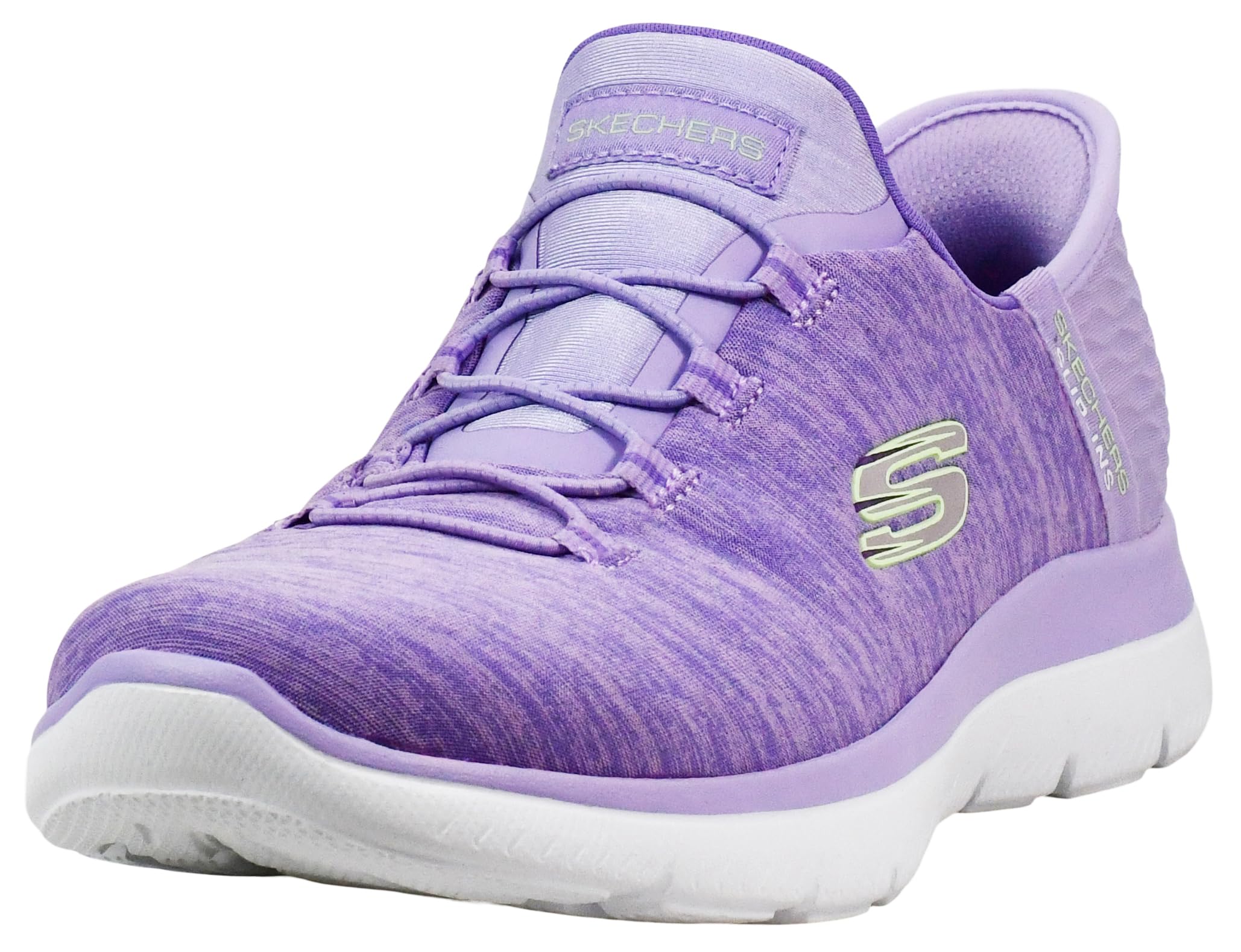 Skechers vista frontal mostrando ajuste manos libres y estilo lavanda