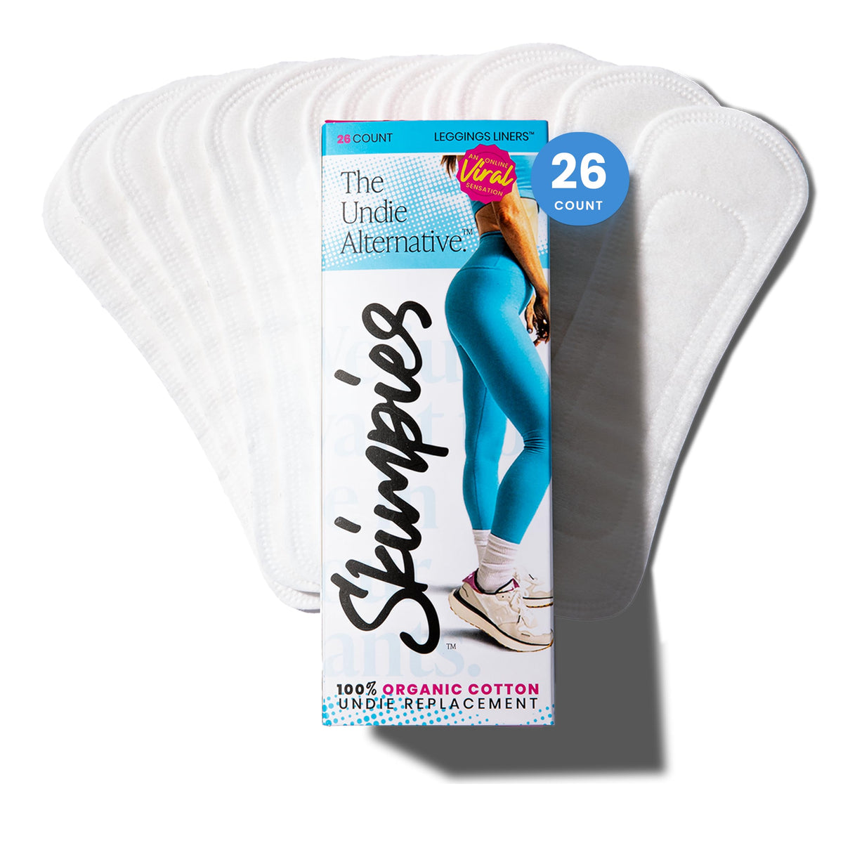 Skimpies empaque frontal mostrando caja de 26 forros, comodidad inmediata