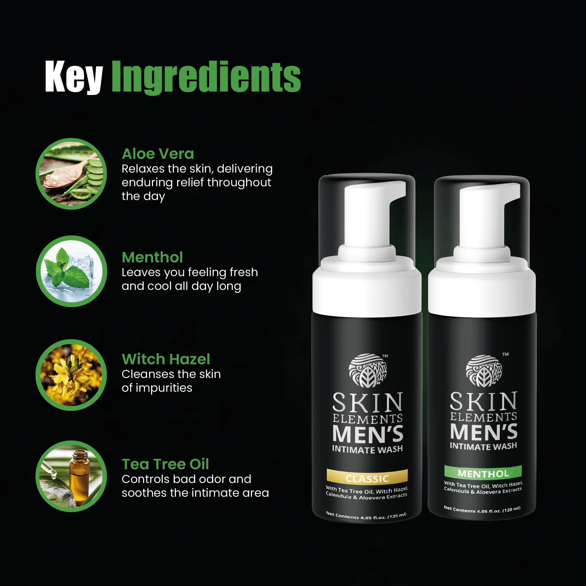 Skin Elements producto en uso demostrando higiene íntima y sensación fresca para hombres