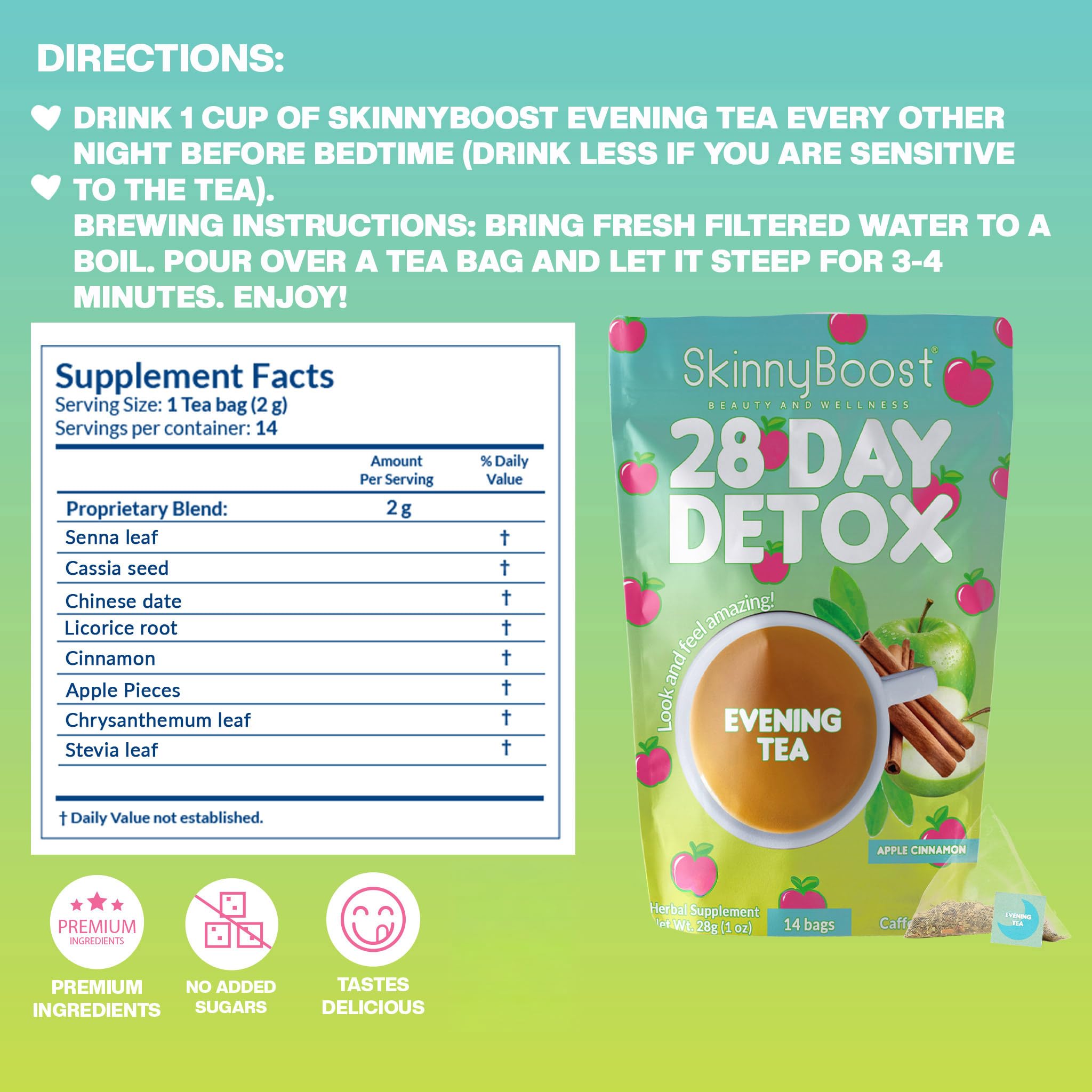 SkinnyBoost bolsita en taza infusionándose, ilustra consumo nocturno relajante