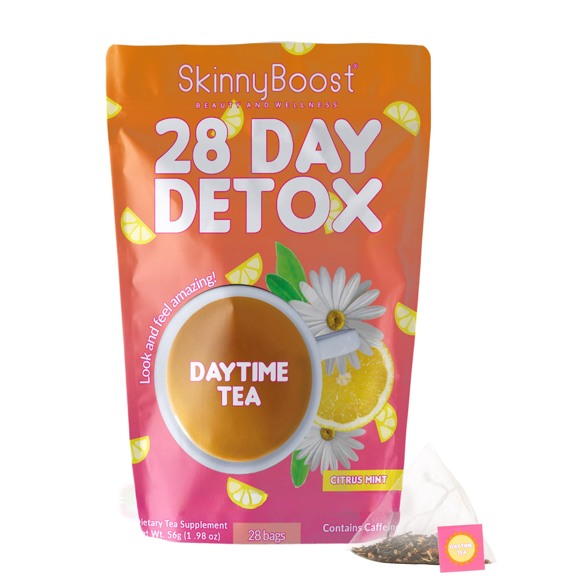 SkinnyBoost caja frontal Citrus Mint mostrando 28 bolsitas y frescura