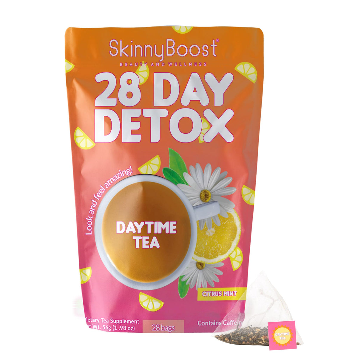 SkinnyBoost caja frontal Citrus Mint mostrando 28 bolsitas y frescura