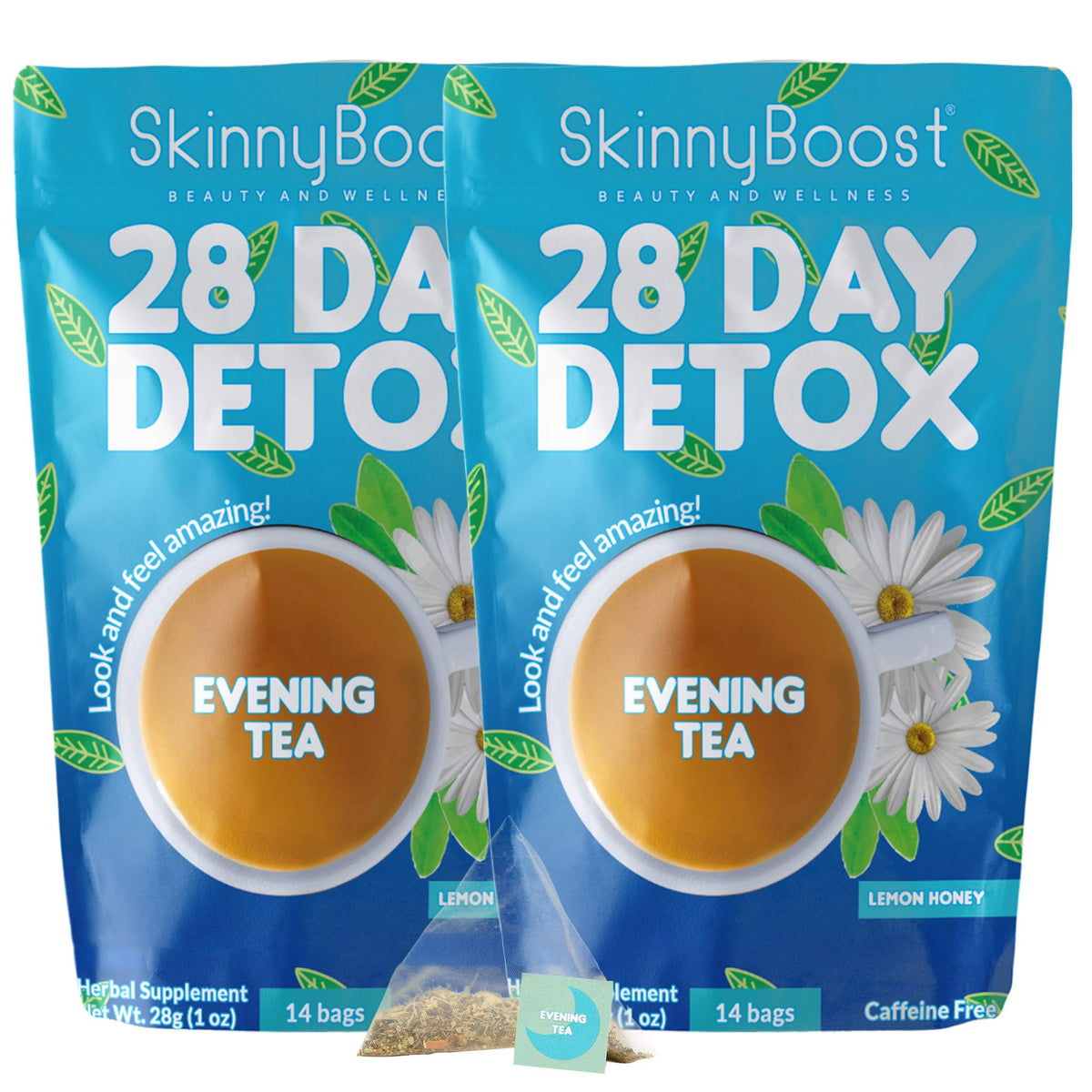 SkinnyBoost frontal del paquete mostrando 28 días y beneficios