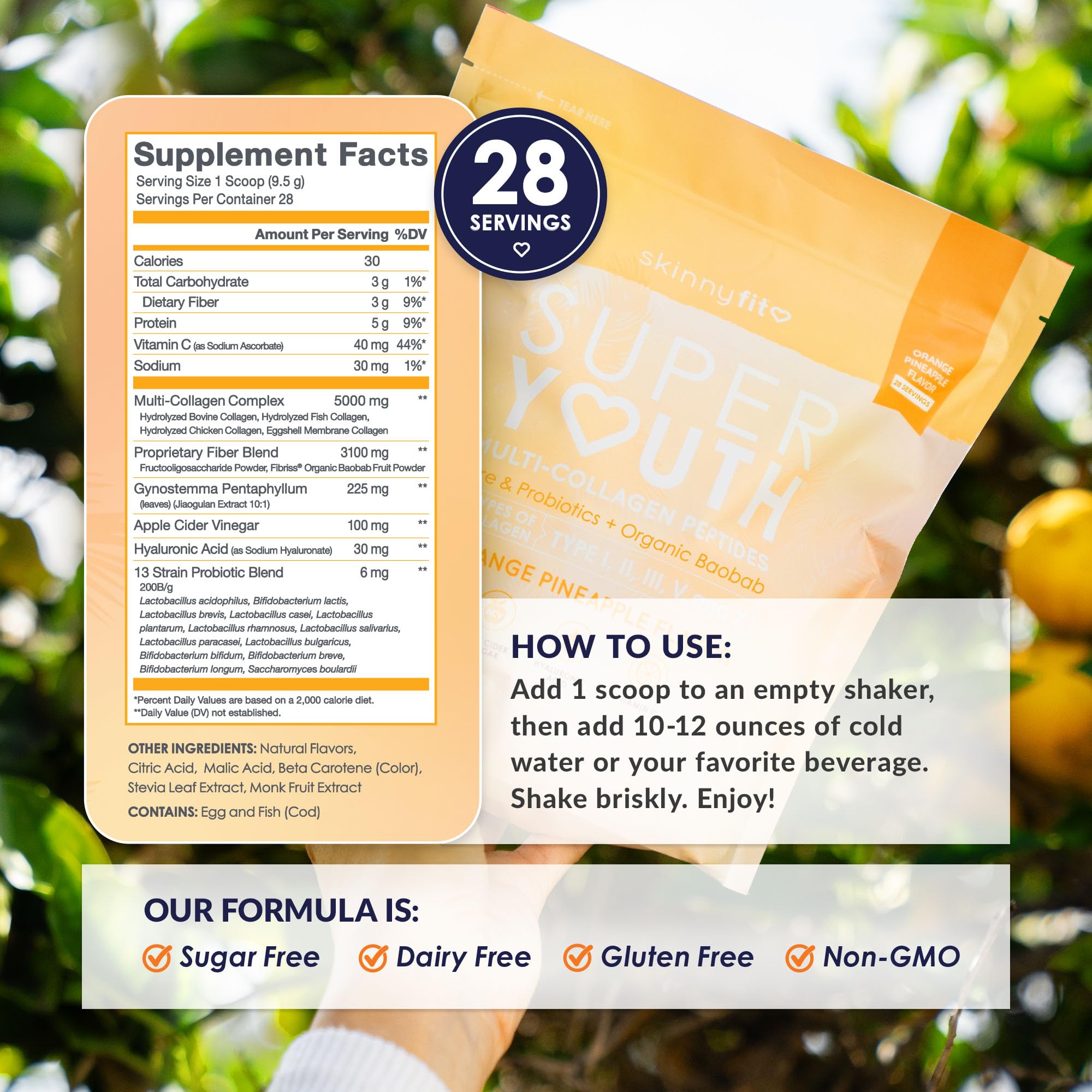 SkinnyFit etiqueta con lista de ingredientes limpios y sin gluten