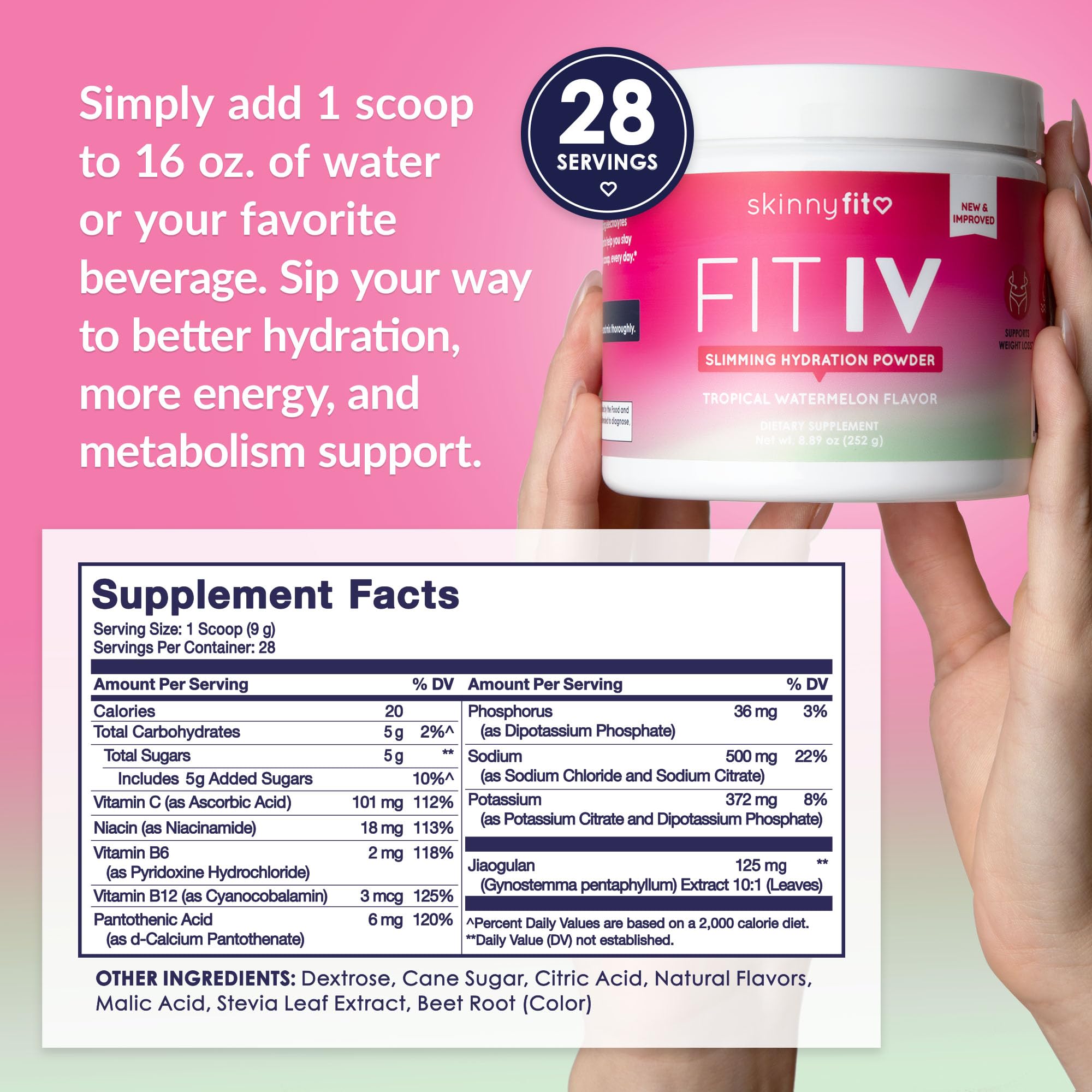 SkinnyFit vaso preparado con agua fría y color rosado refrescante