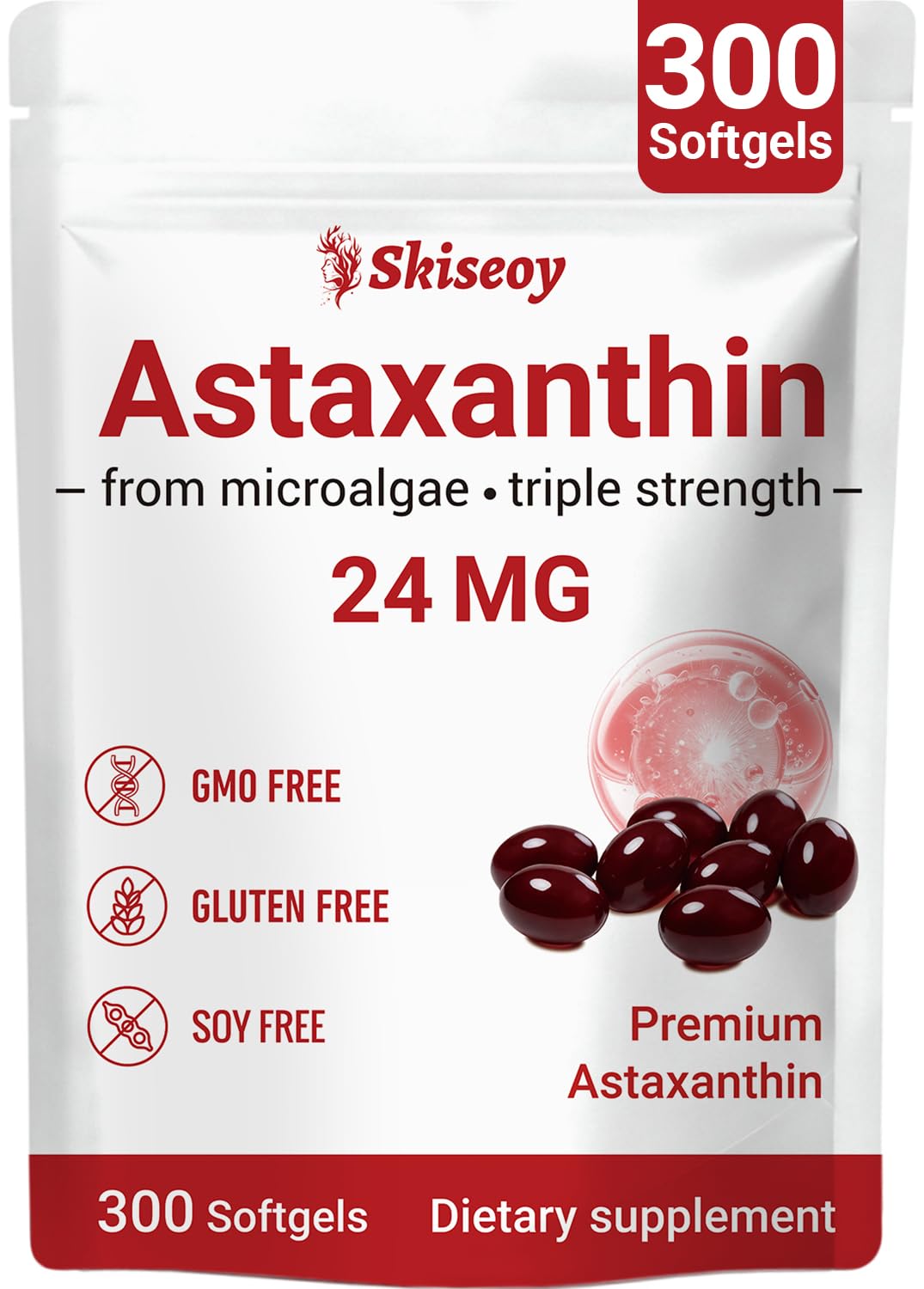 Skiseoy envase frontal mostrando 300 softgels y beneficios antioxidantes