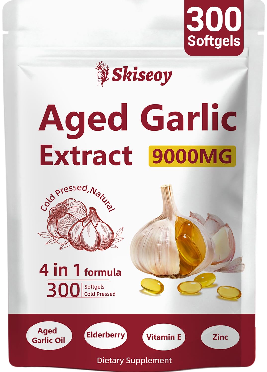 Skiseoy frente del envase mostrando 300 softgels y beneficios claros