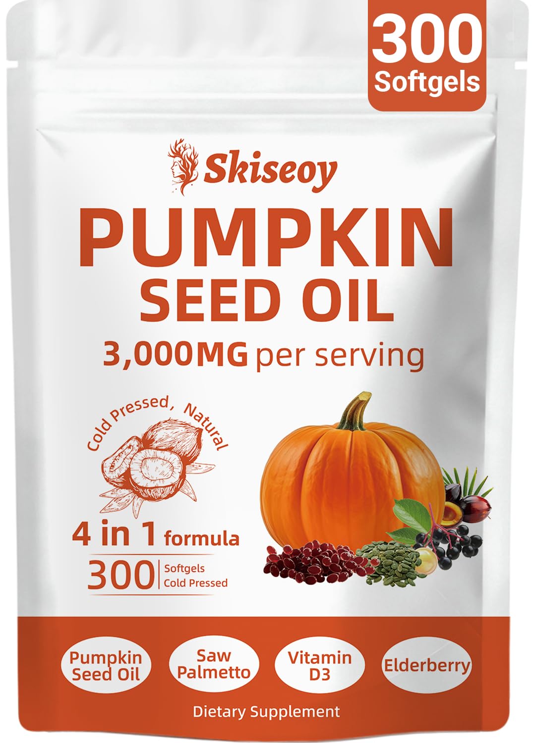 skiseoy envase frontal mostrando 300 softgels y beneficios