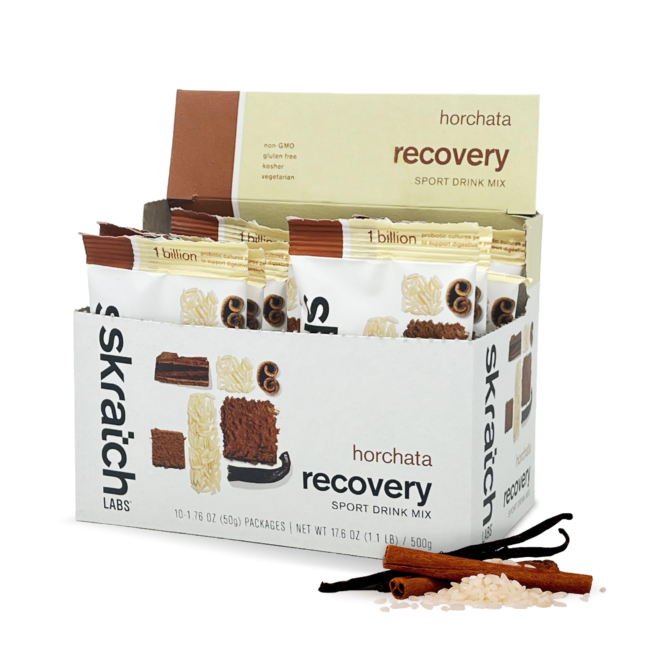 Skratch Labs empaque frontal Horchata mostrando sobres y beneficios energéticos