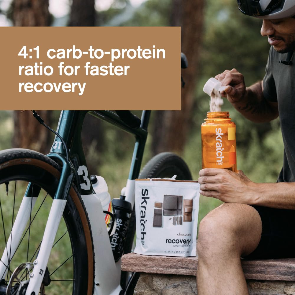 Skratch Labs etiqueta nutricional destacando ratio 4:1 carbo a proteína