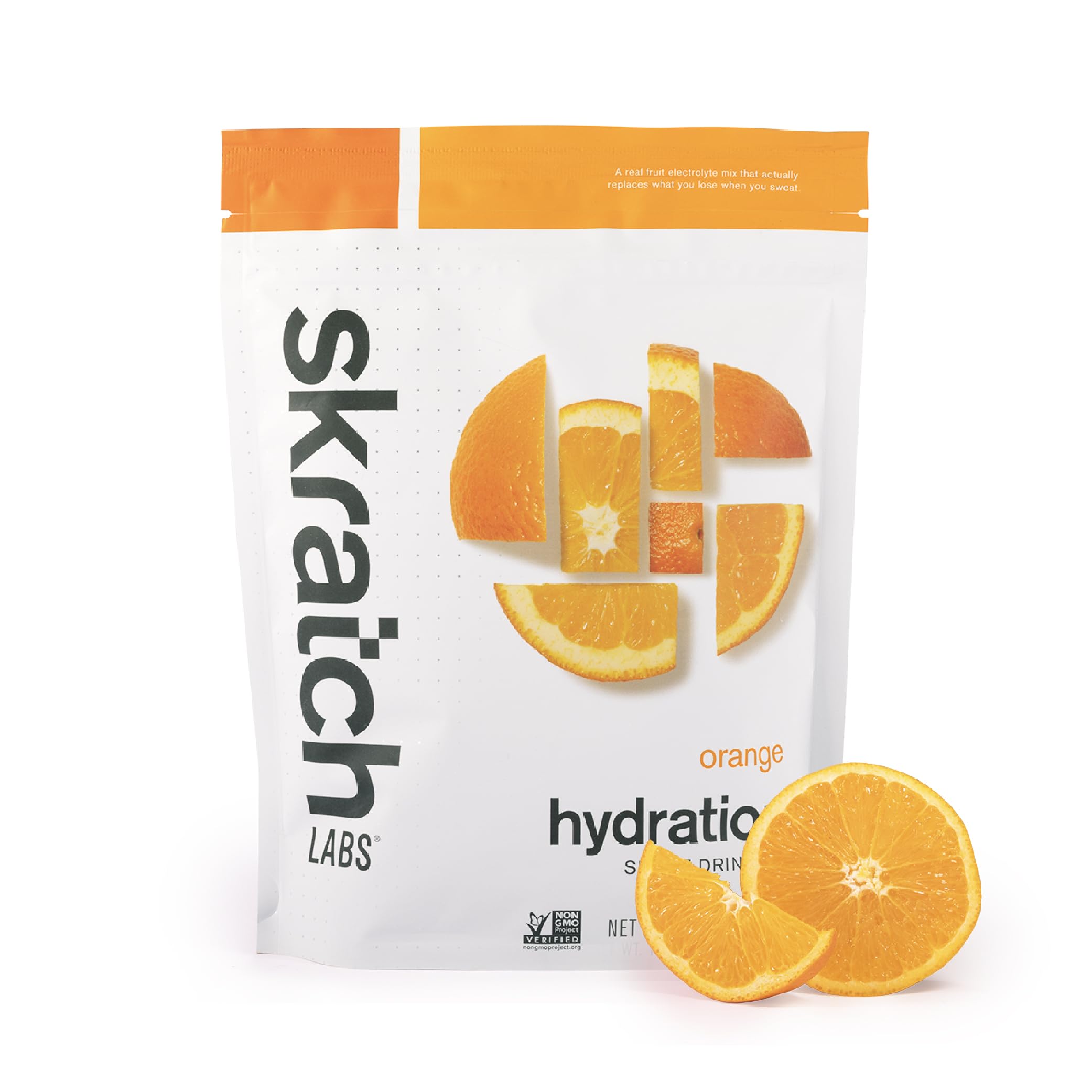 Skratch Labs frente del envase naranja mostrando el diseño y porciones