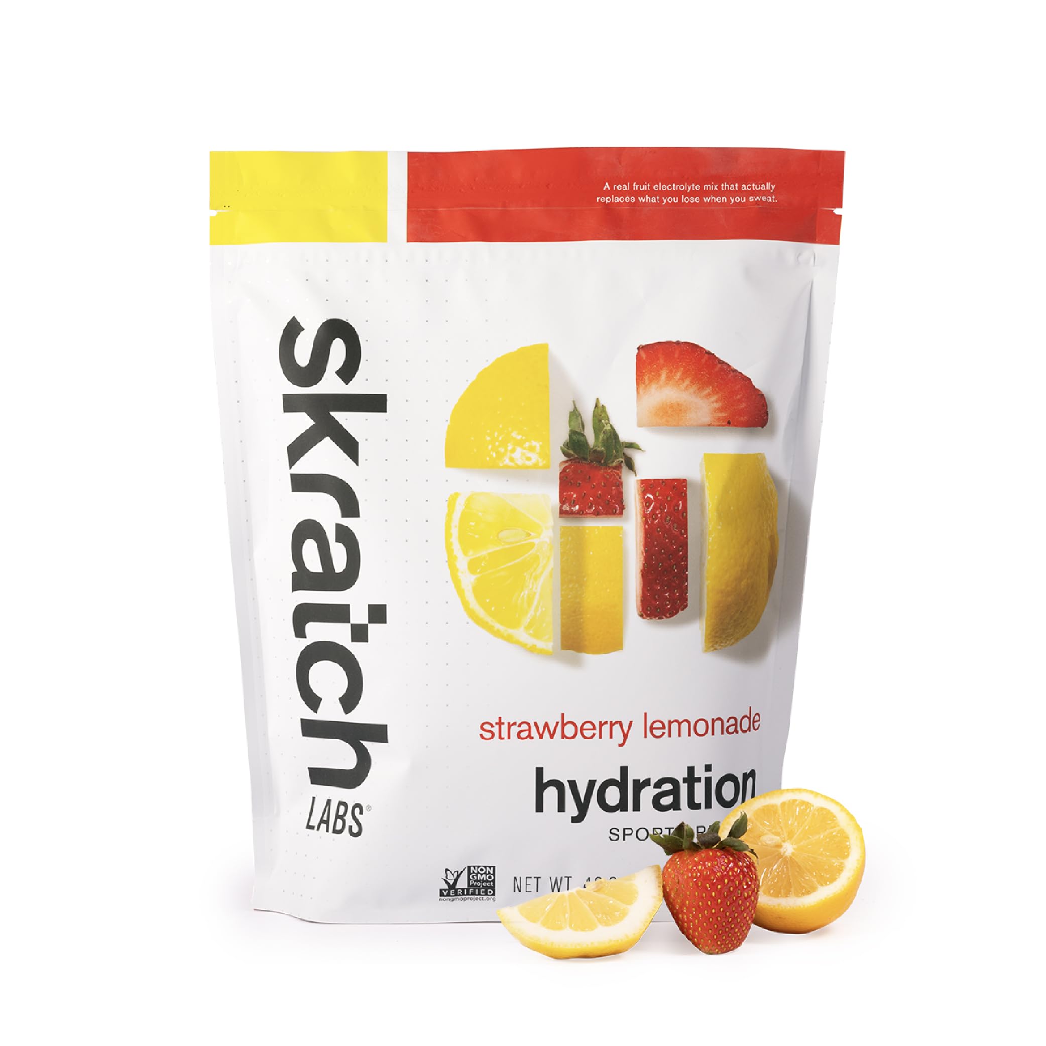 Skratch Labs frente del envase mostrando diseño y cantidad, práctico para entrenos