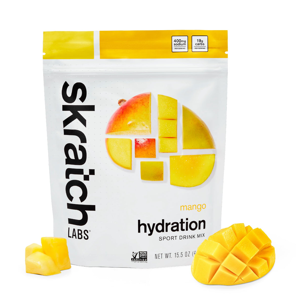 Skratch Labs frente del envase mostrando el sabor mango y beneficio de hidratación
