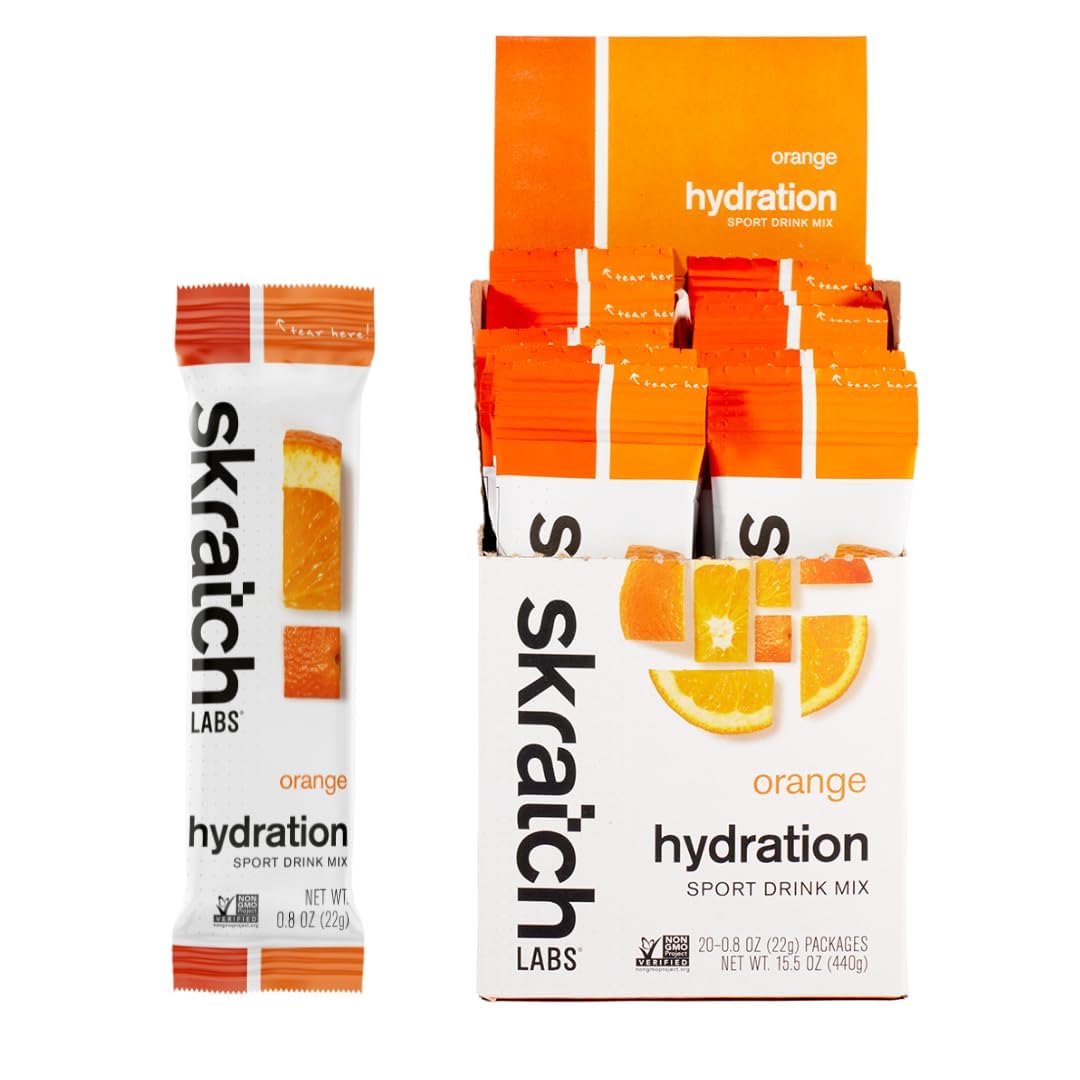 Skratch Labs paquete frontal naranja que muestra conveniencia y limpieza