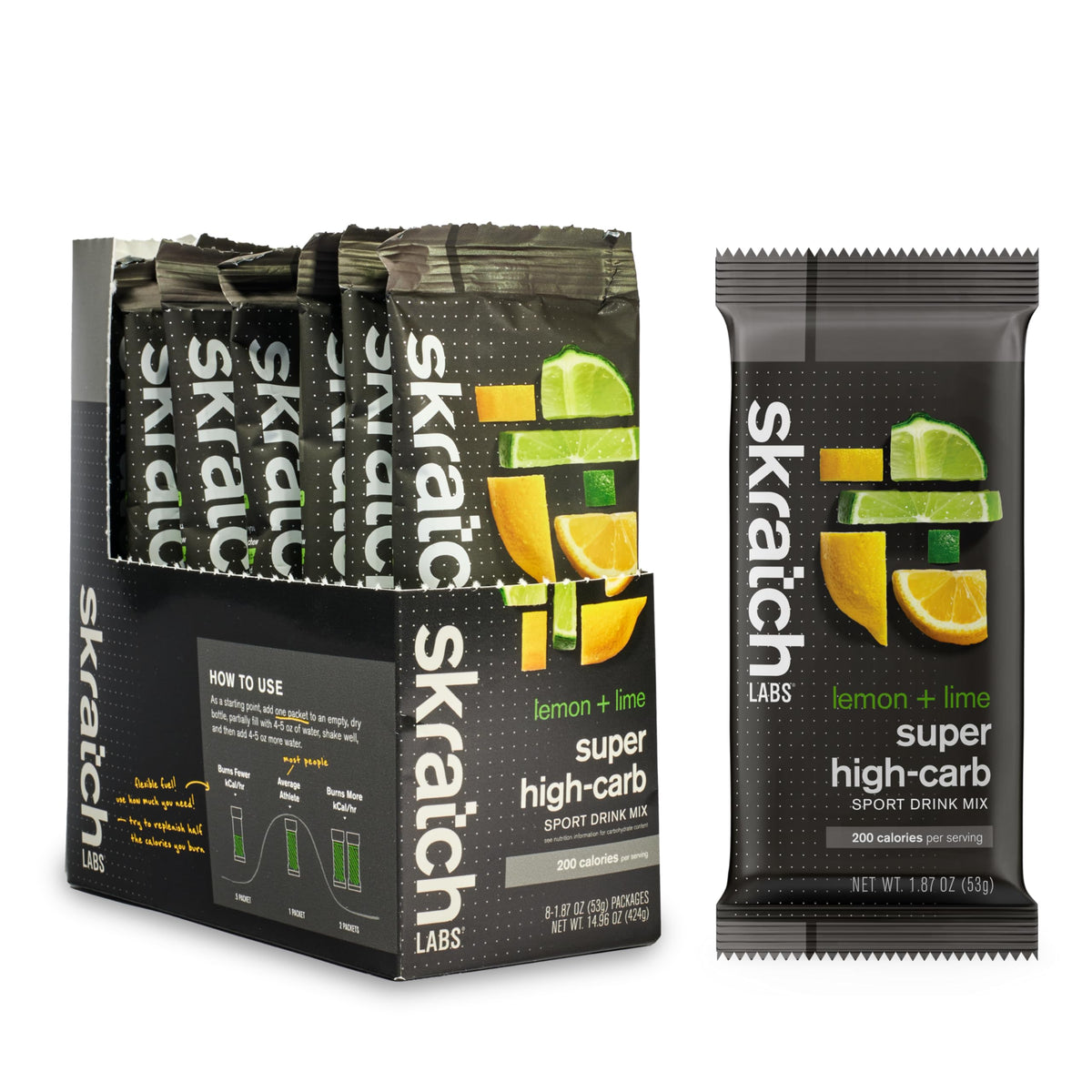 Skratch Labs empaque frontal con sobres limón/lima mostrando diseño y cantidad