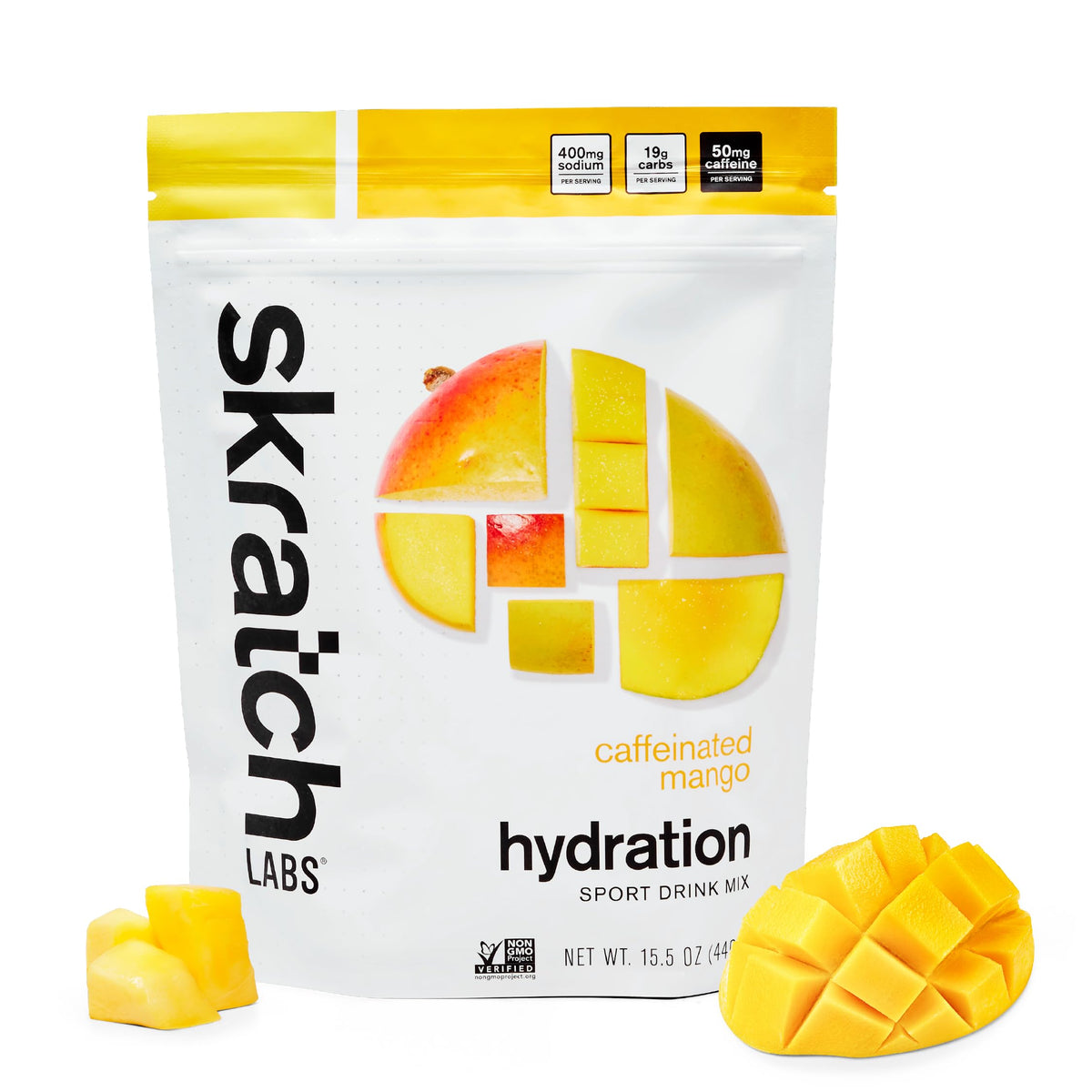 Skratch Labs frontal del envase mostrando sabor mango y 20 servicios