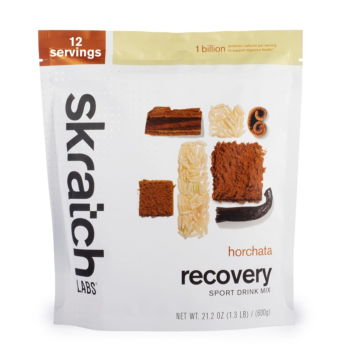 Skratch Labs empaque frontal Horchata mostrando porciones y marca, fácil identificación
