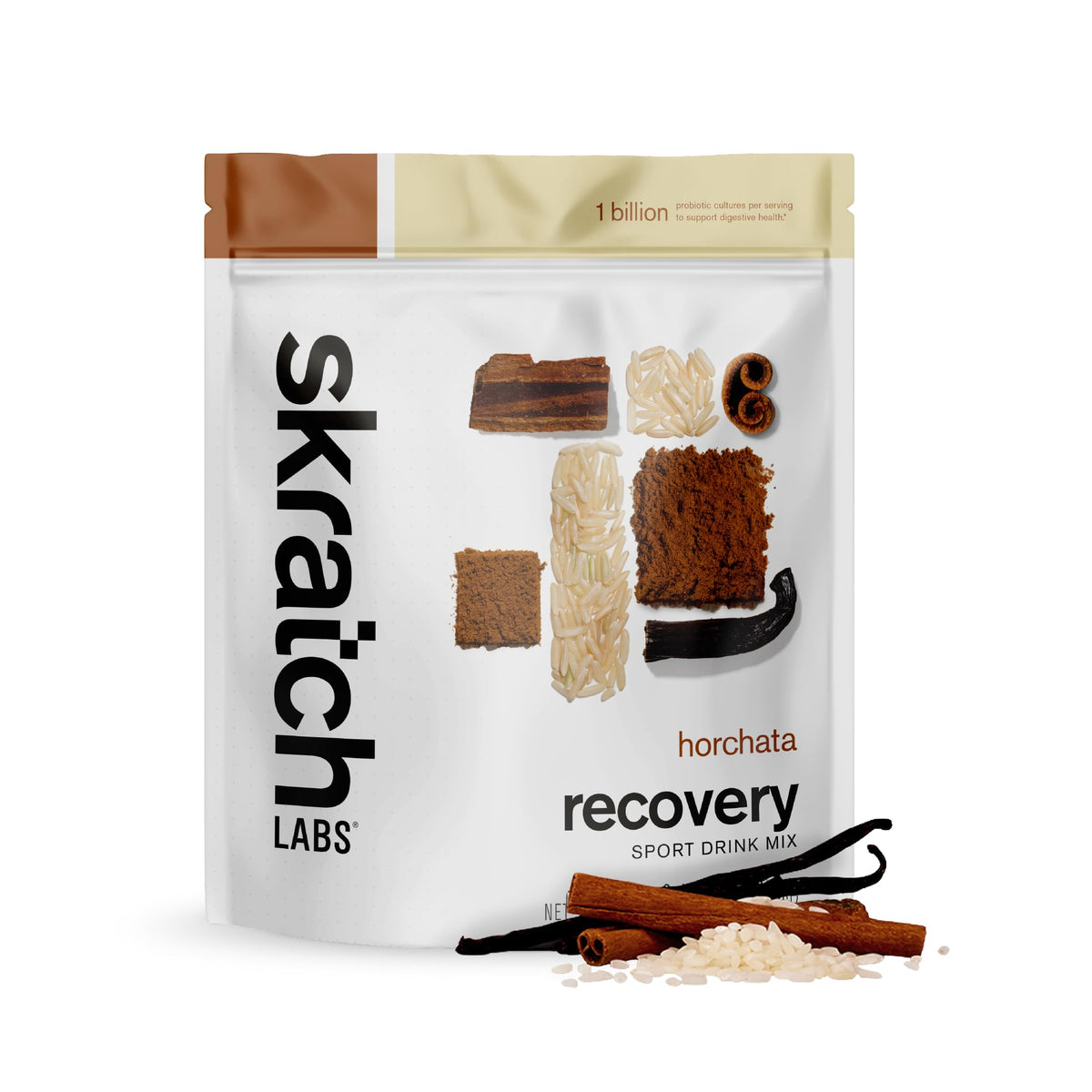 Skratch Labs envase frontal mostrando 24 raciones y beneficios de recuperación