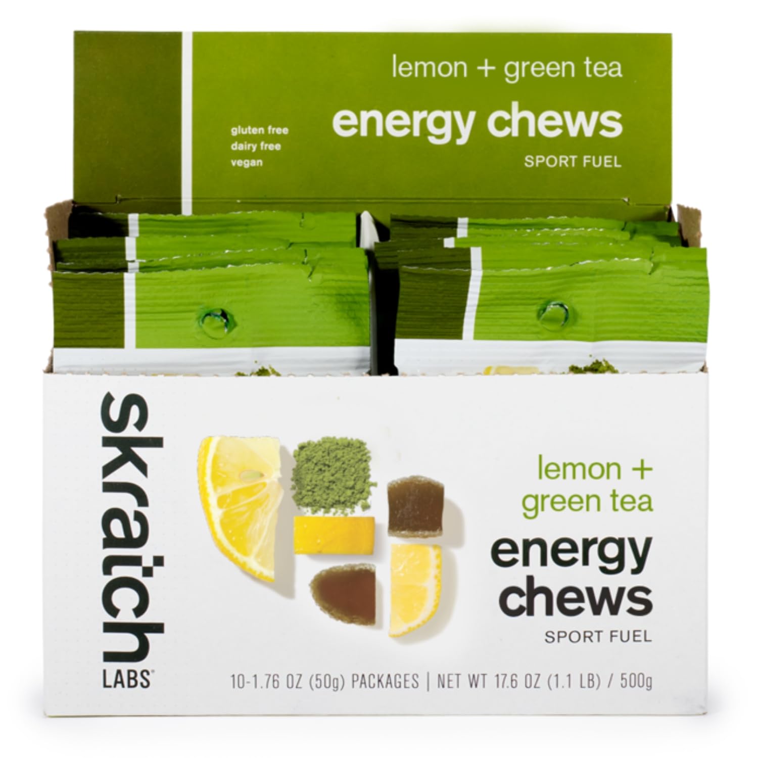 Skratch Labs empaquetado frontal que muestra sabor matcha limón y portabilidad