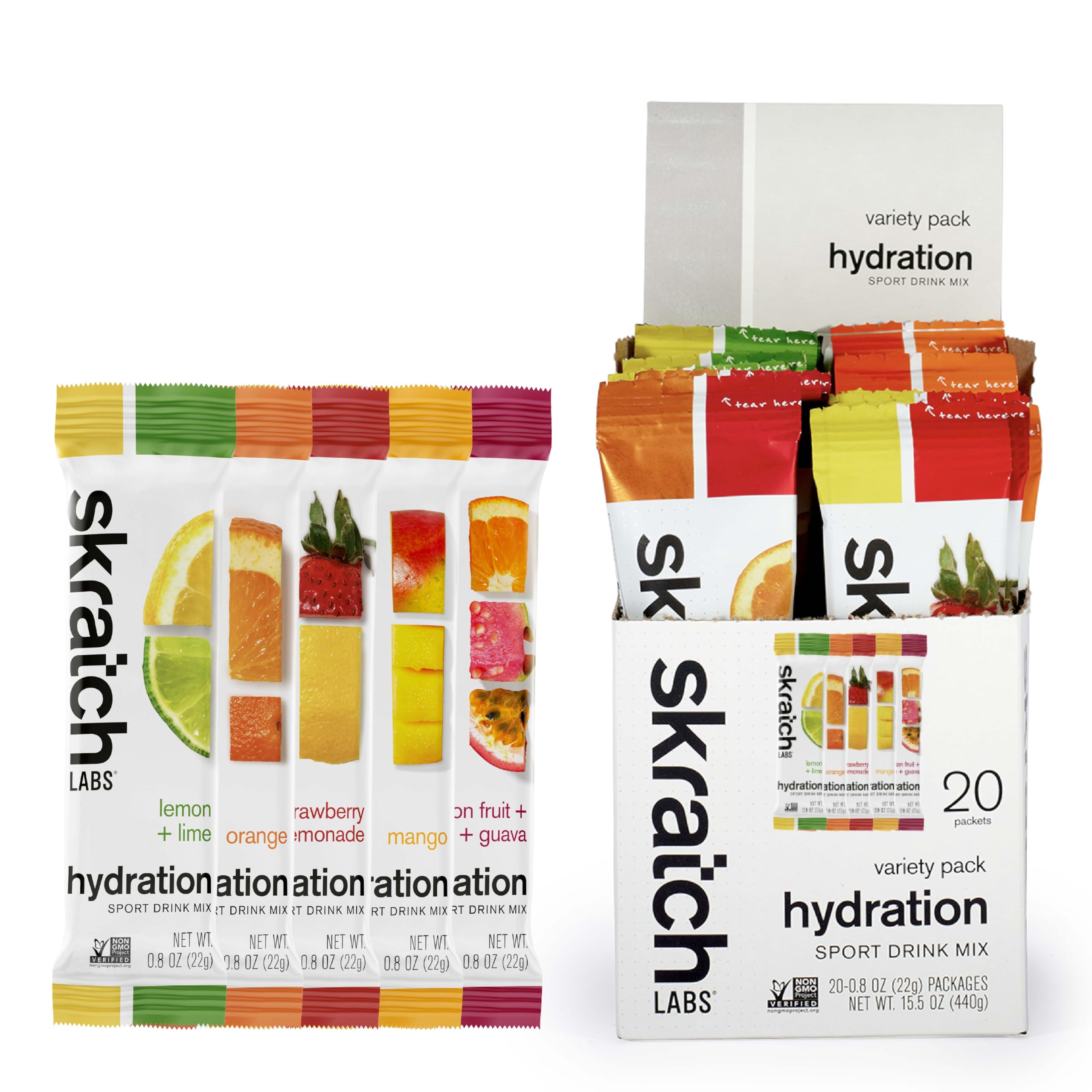 Skratch Labs paquete frontal mostrando sobres y beneficios de hidratación rápida