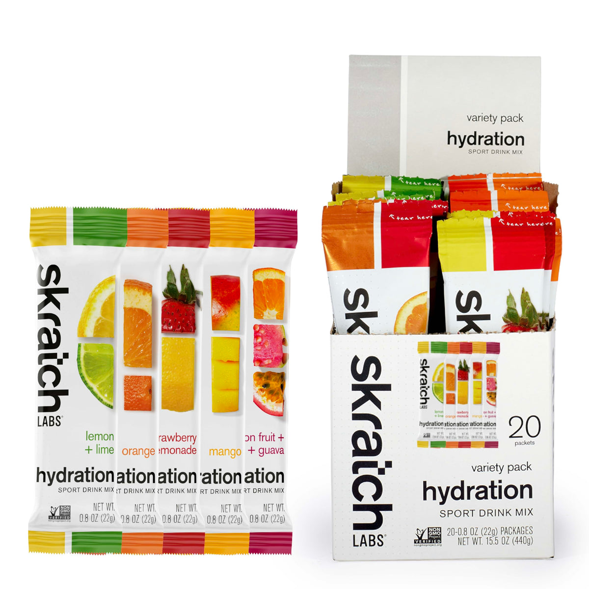 Skratch Labs paquete frontal mostrando sobres y beneficios de hidratación rápida