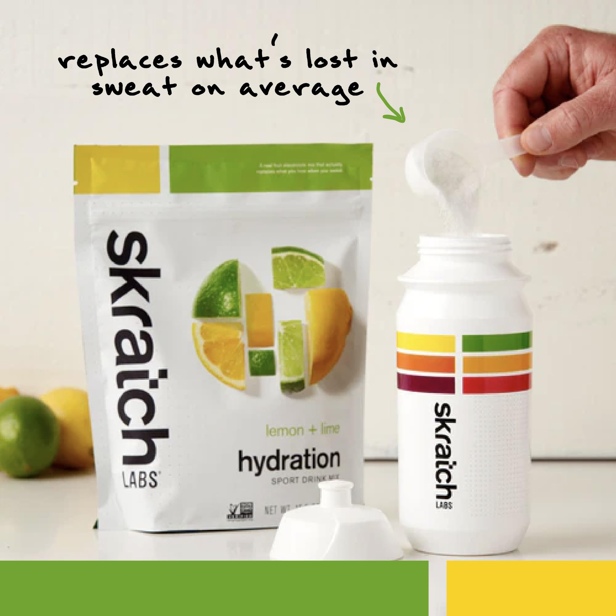 Skratch Labs polvo textura cercana que indica ingredientes de fruta real