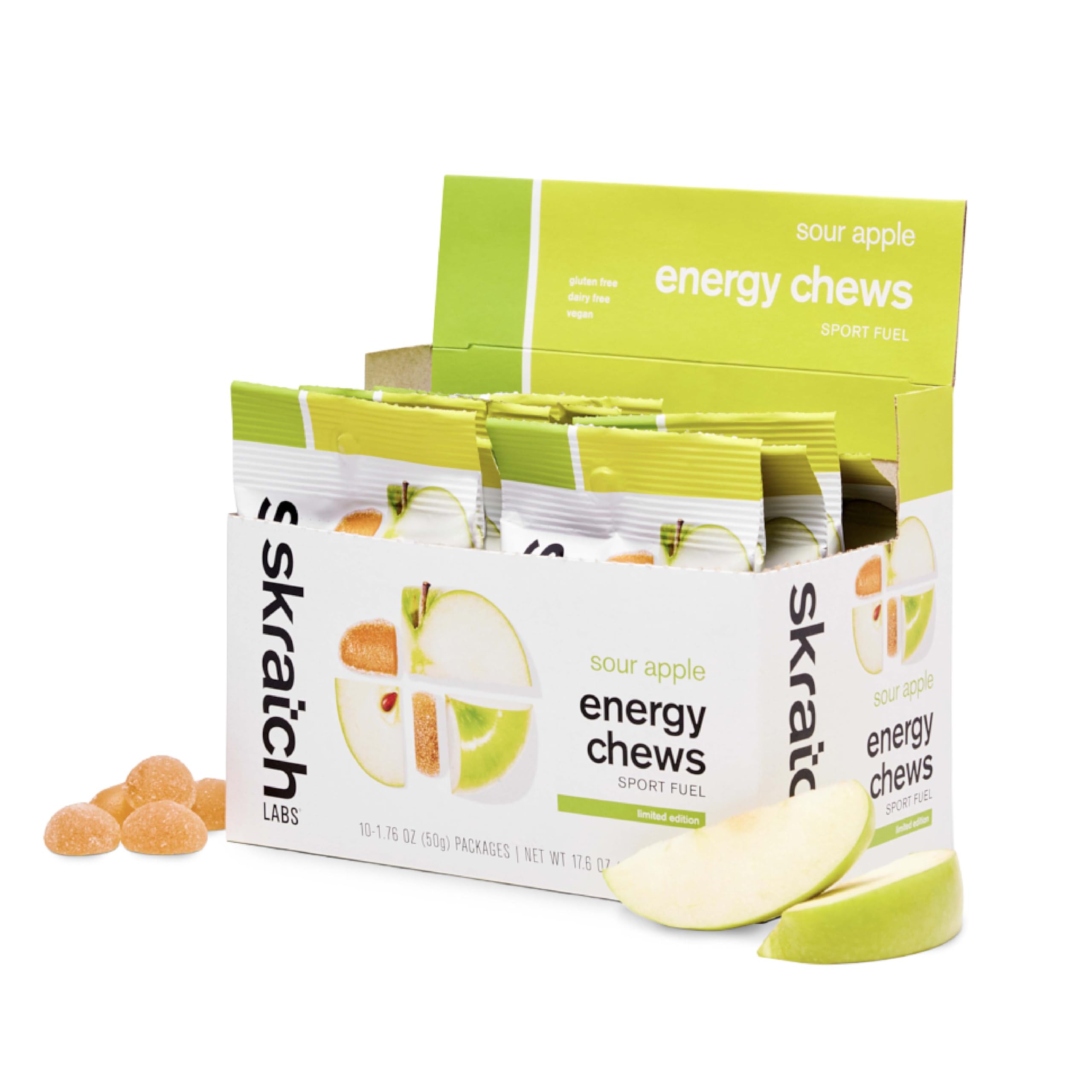 Skratch Labs envase frontal Sour Apple mostrando energía portátil