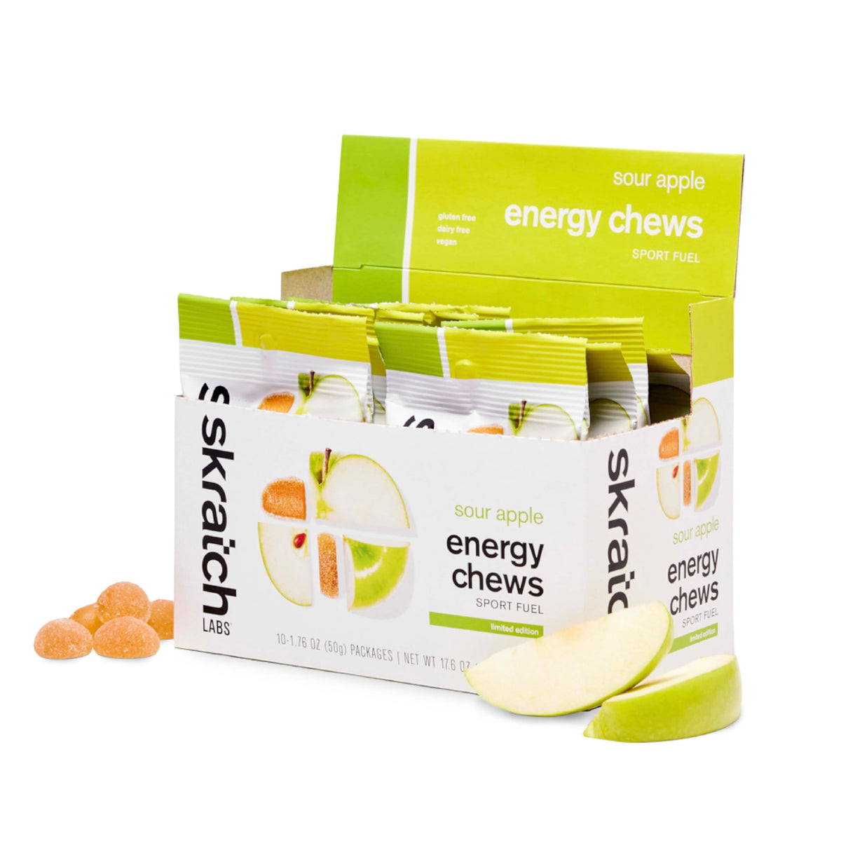 Skratch Labs envase frontal Sour Apple mostrando energía portátil