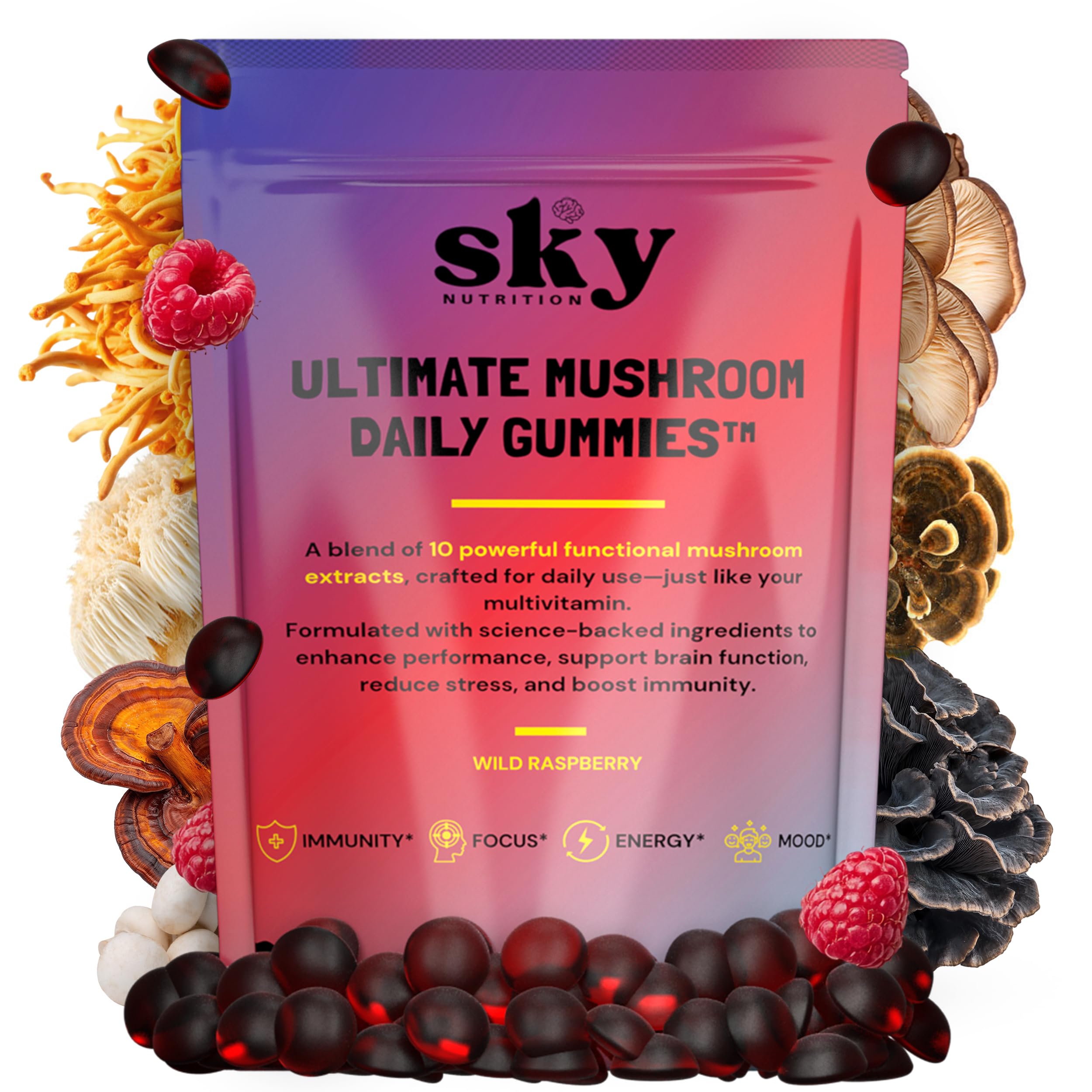 SkyNutrition frasco frente mostrando 60 gomitas y beneficios visibles