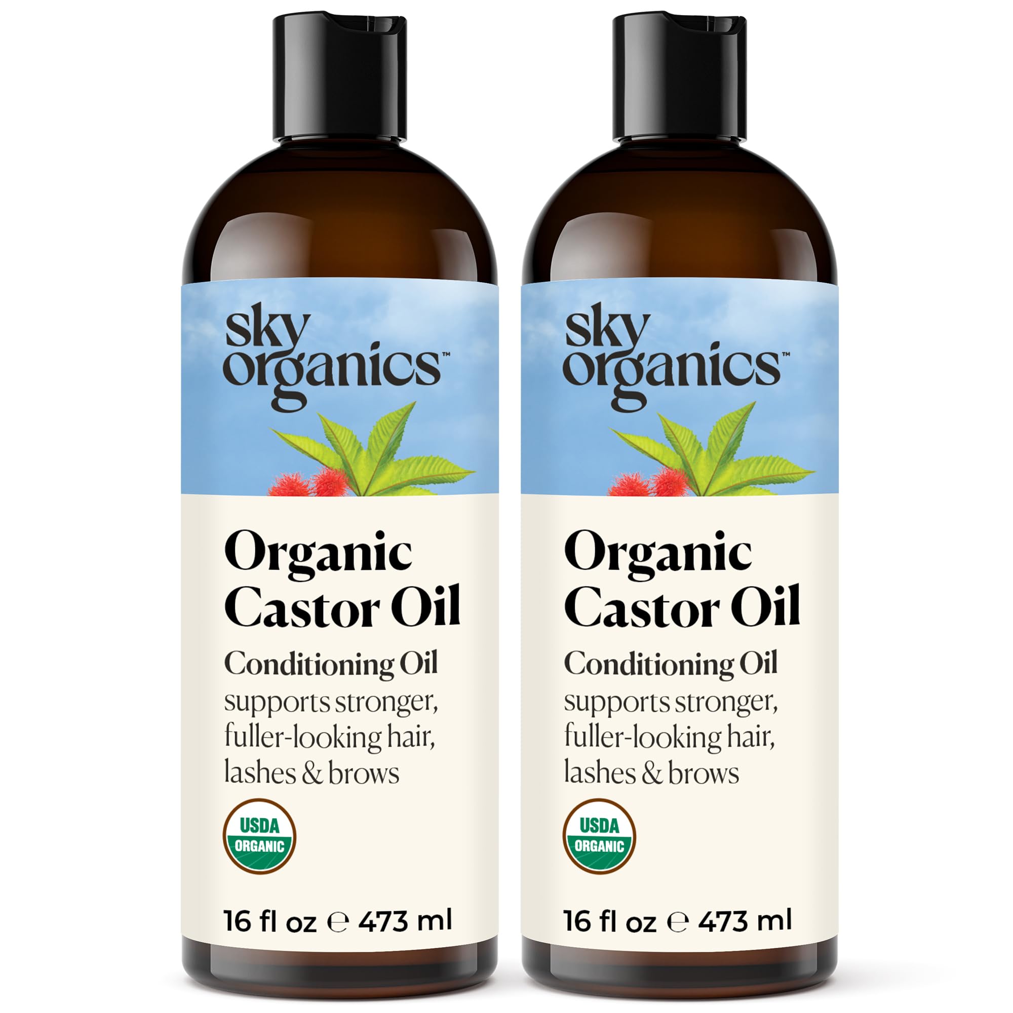 Sky Organics botella frontal del aceite de ricino orgánico mostrada con etiqueta clara y envase doble