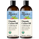 Sky Organics botella frontal del aceite de ricino orgánico mostrada con etiqueta clara y envase doble