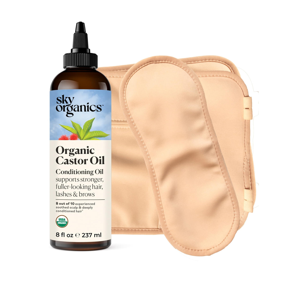 Sky Organics frasco delantero mostrando 8 oz y etiqueta orgánica beneficio transparencia