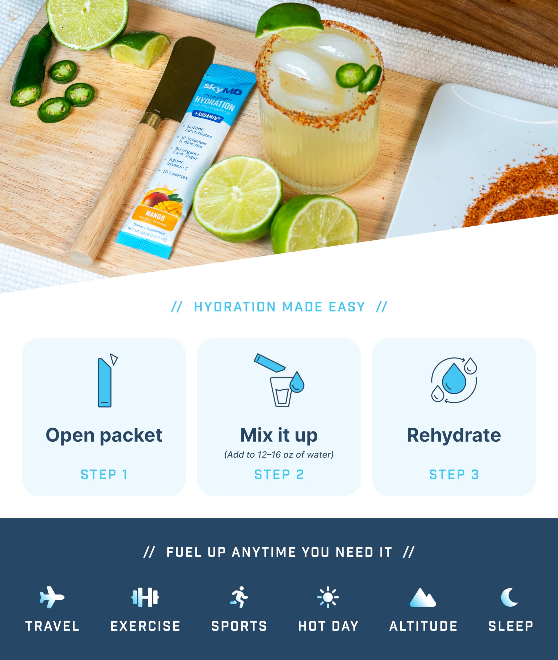 SkyMD en escenario de playa con picnic, muestra hidratación portátil y sabor mango