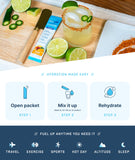 SkyMD en escenario de playa con picnic, muestra hidratación portátil y sabor mango