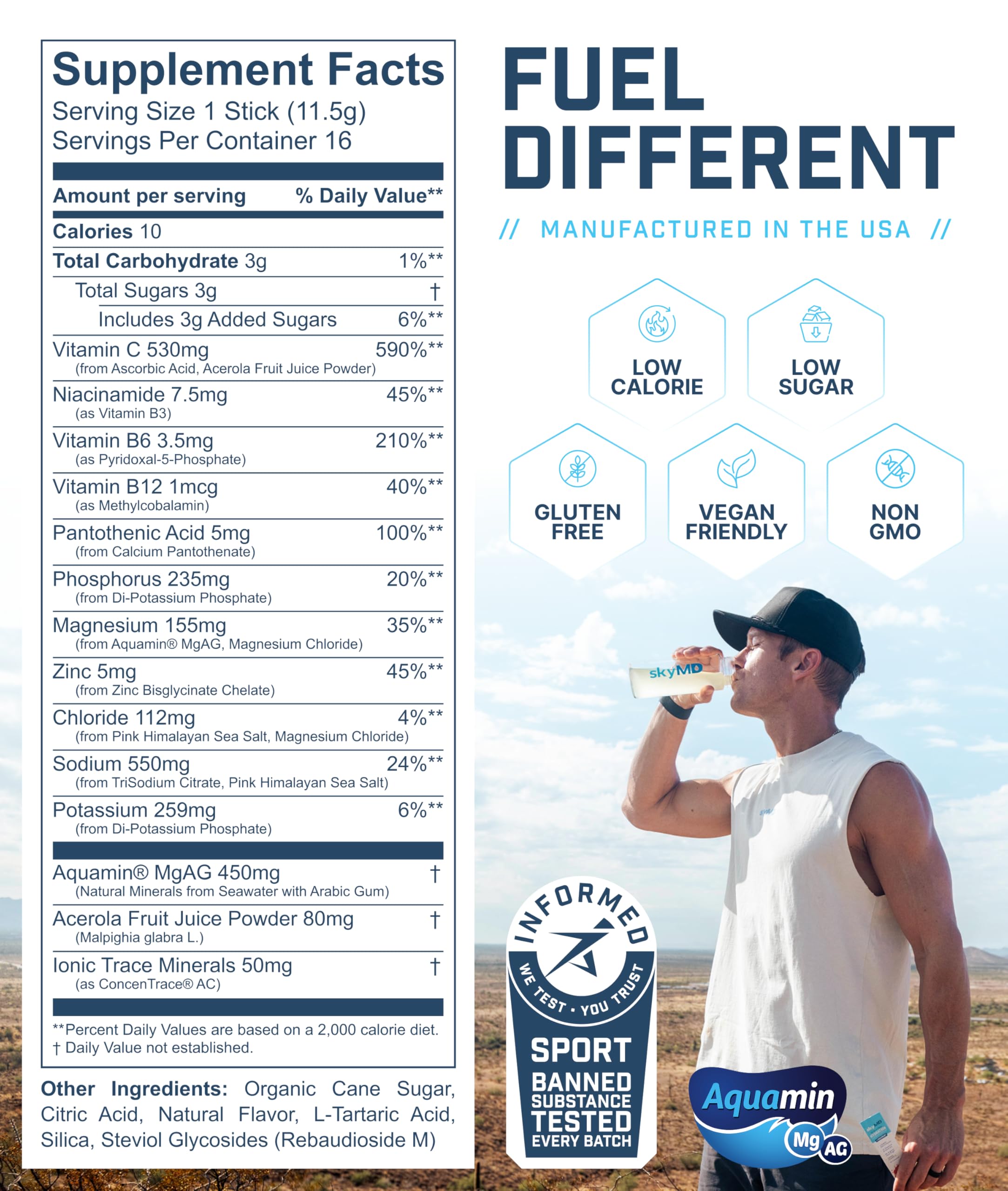 SkyMD etiqueta nutricional destacando electrolitos y vitaminas