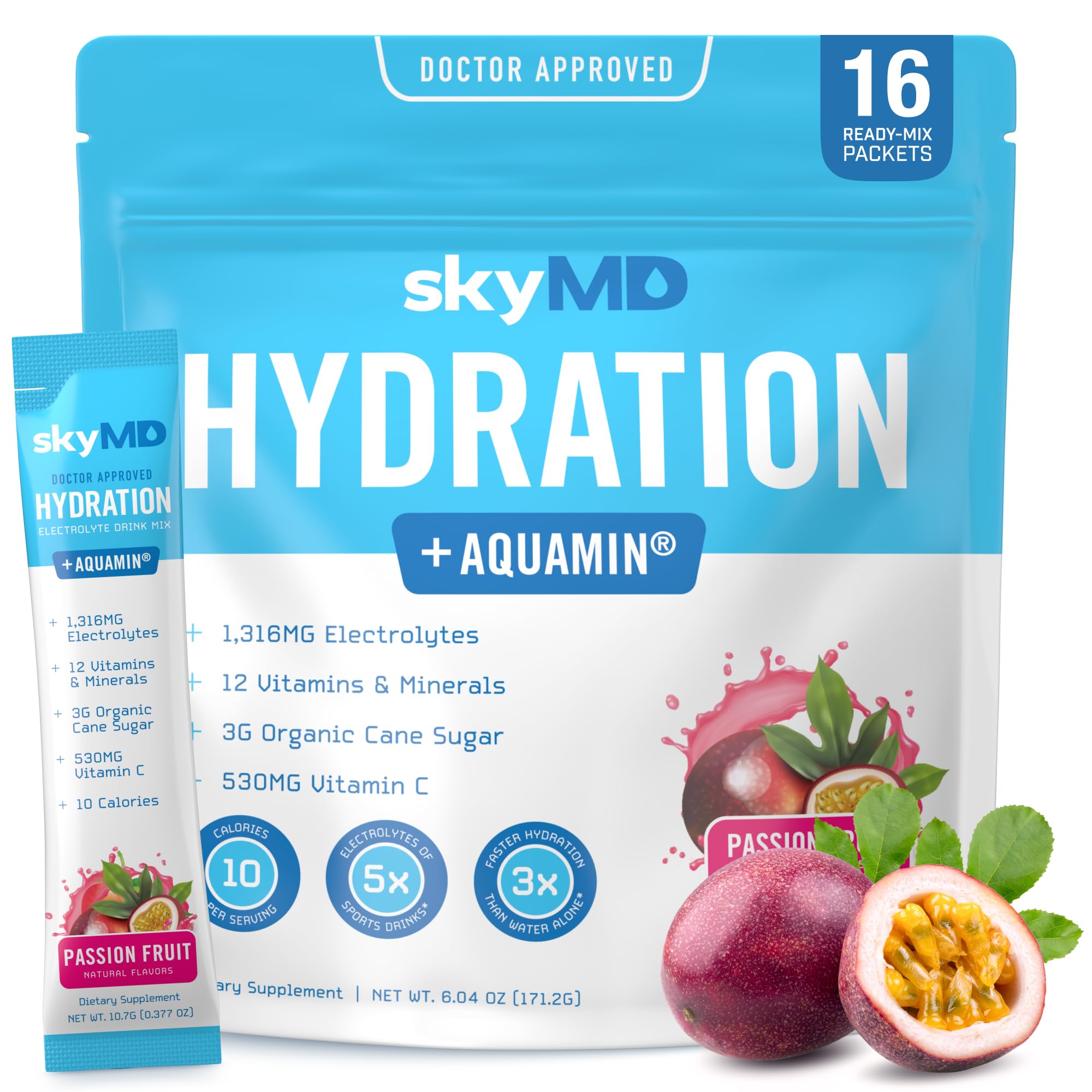 SkyMD frente del empaque mostrando sabor pasión frutal y beneficios