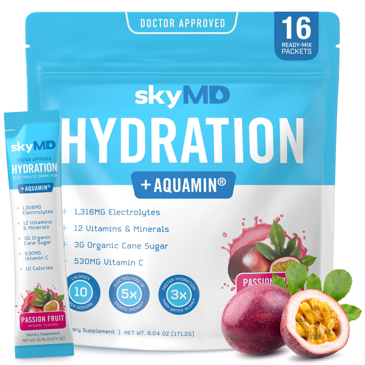 SkyMD frente del empaque mostrando sabor pasión frutal y beneficios