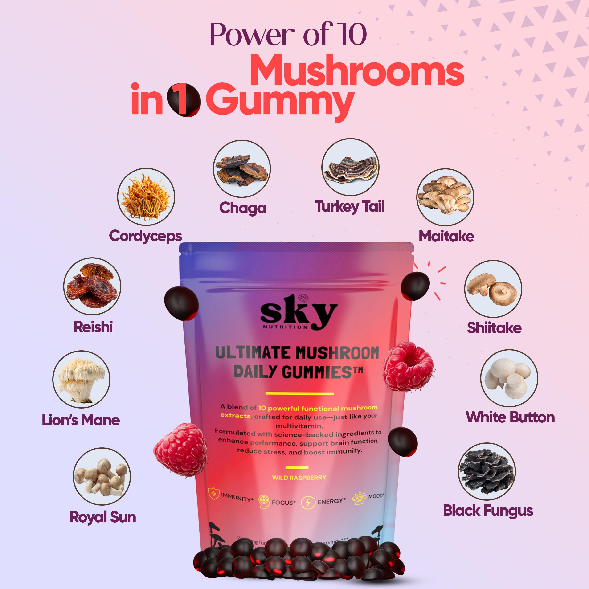 SkyNutrition etiqueta con lista de ingredientes y extractos de hongos